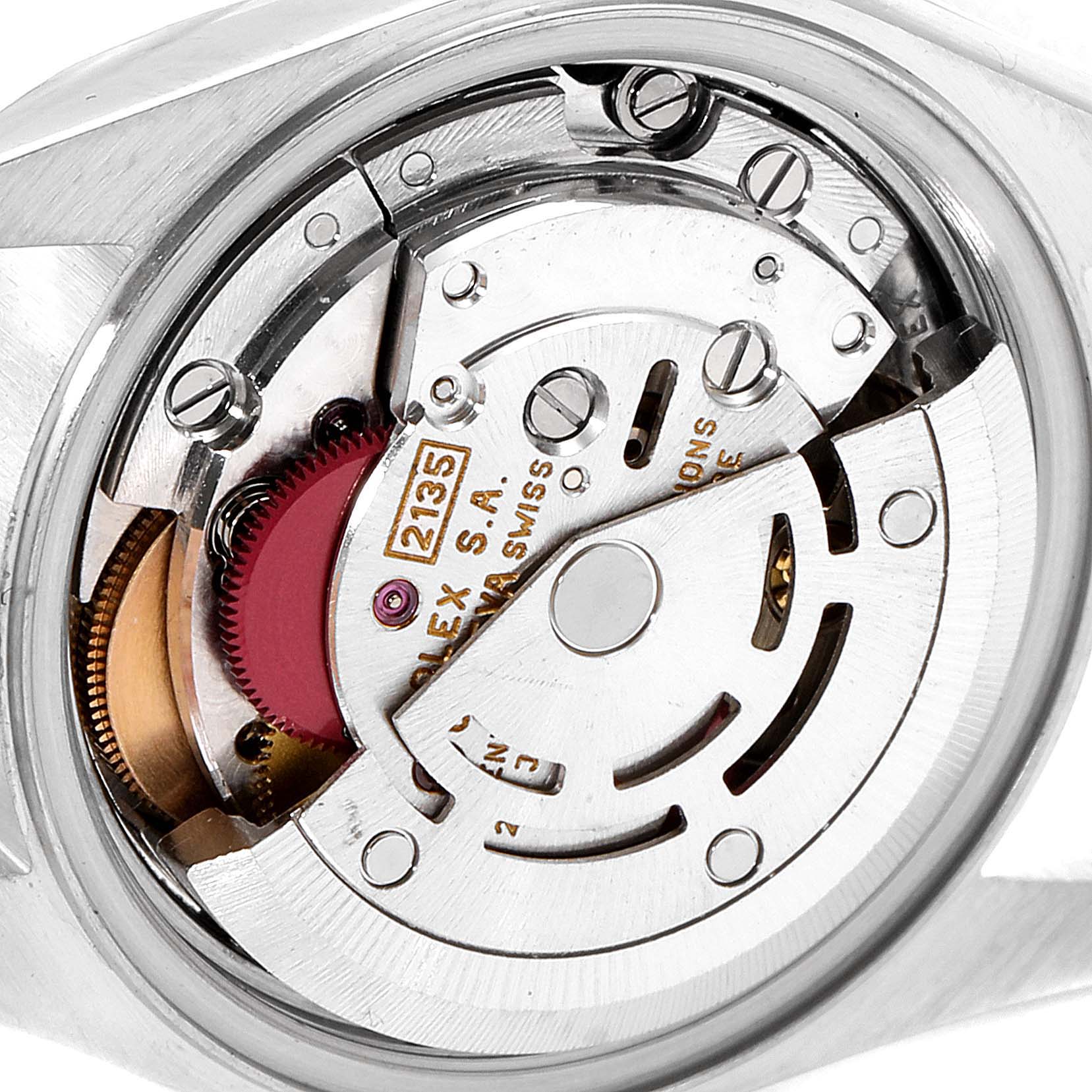 The image shows the internal movement mechanism of a Rolex Datejust 69173 Women
s Steel and Gold (two tone) Champagne Dial 69173 Women
s Steel and Gold (two tone) Champagne Dial watch from the back angle.