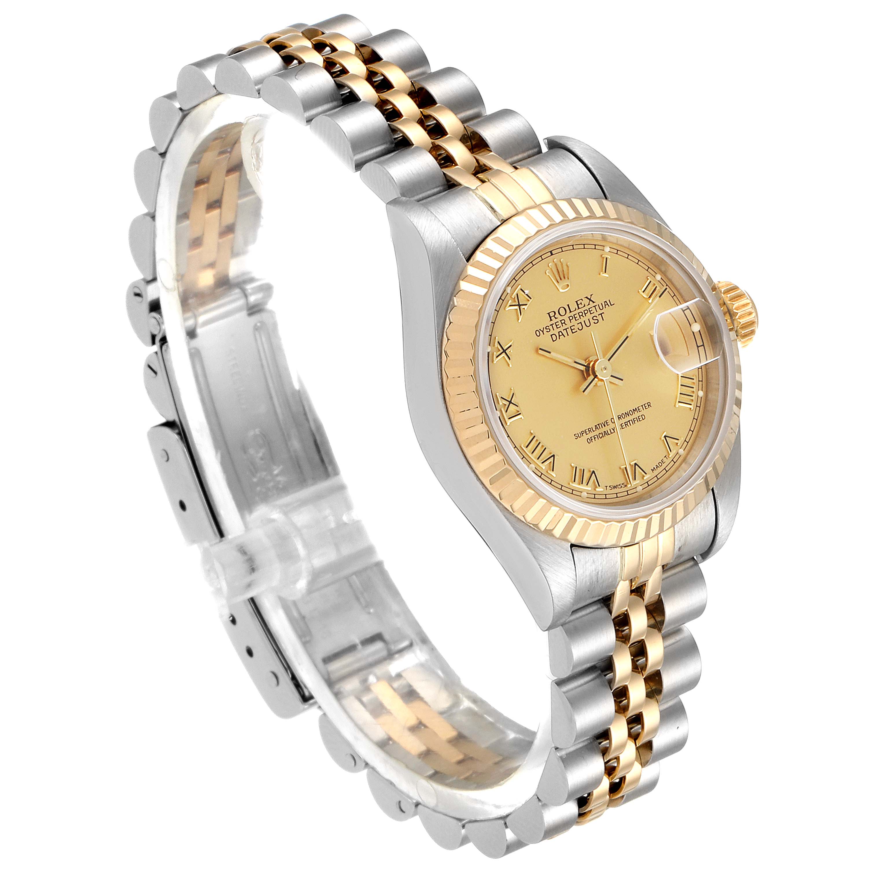 A side angle view of the Rolex Datejust 69173 Women
s Steel and Gold (two tone) Champagne Dial 69173 Women
s Steel and Gold (two tone) Champagne Dial watch showing the face, bezel, and two-tone metal bracelet.
