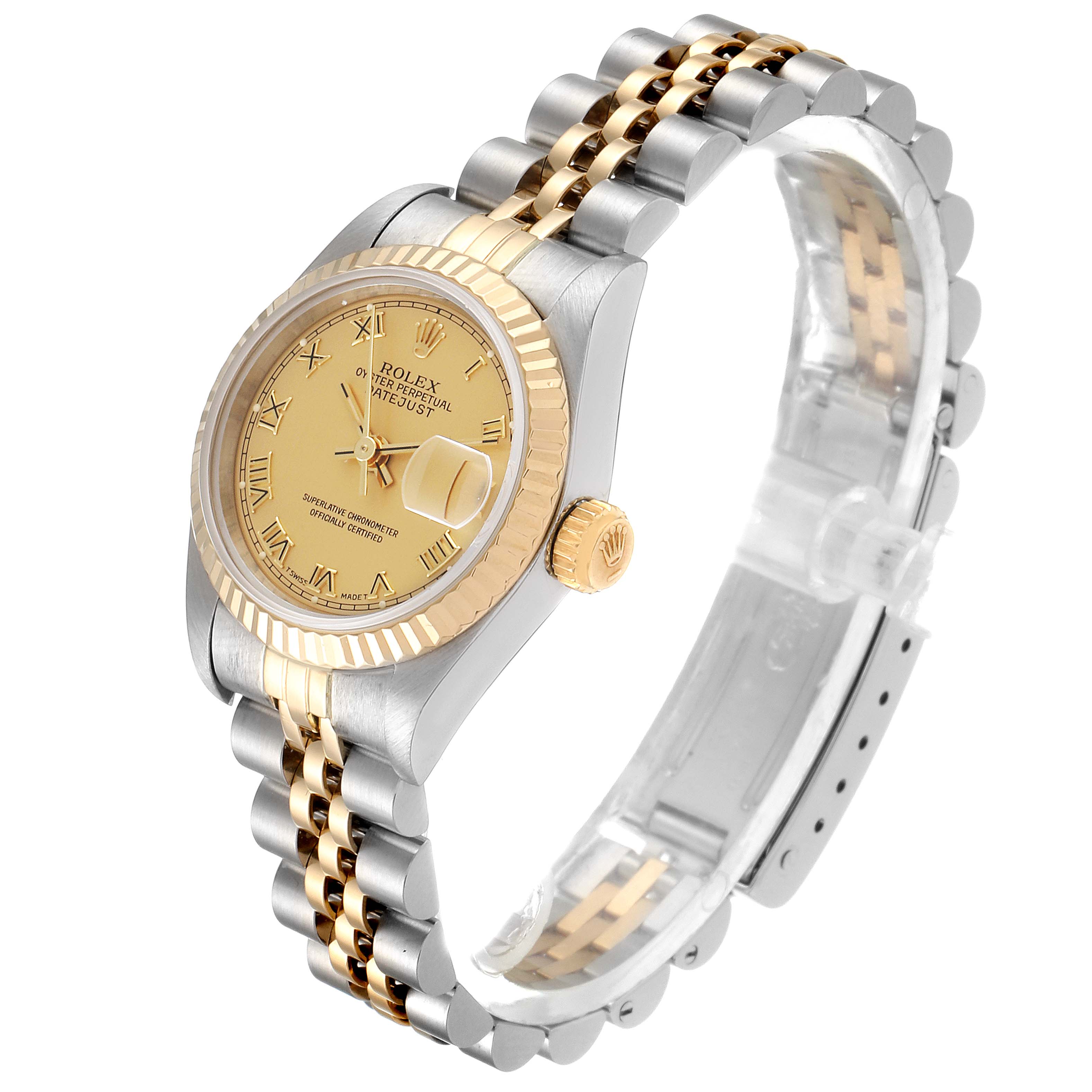 The Rolex Datejust 69173 Women
s Steel and Gold (two tone) Champagne Dial 69173 Women
s Steel and Gold (two tone) Champagne Dial watch is shown from the three-quarter angle, highlighting its bezel, dial, bracelet, and crown.