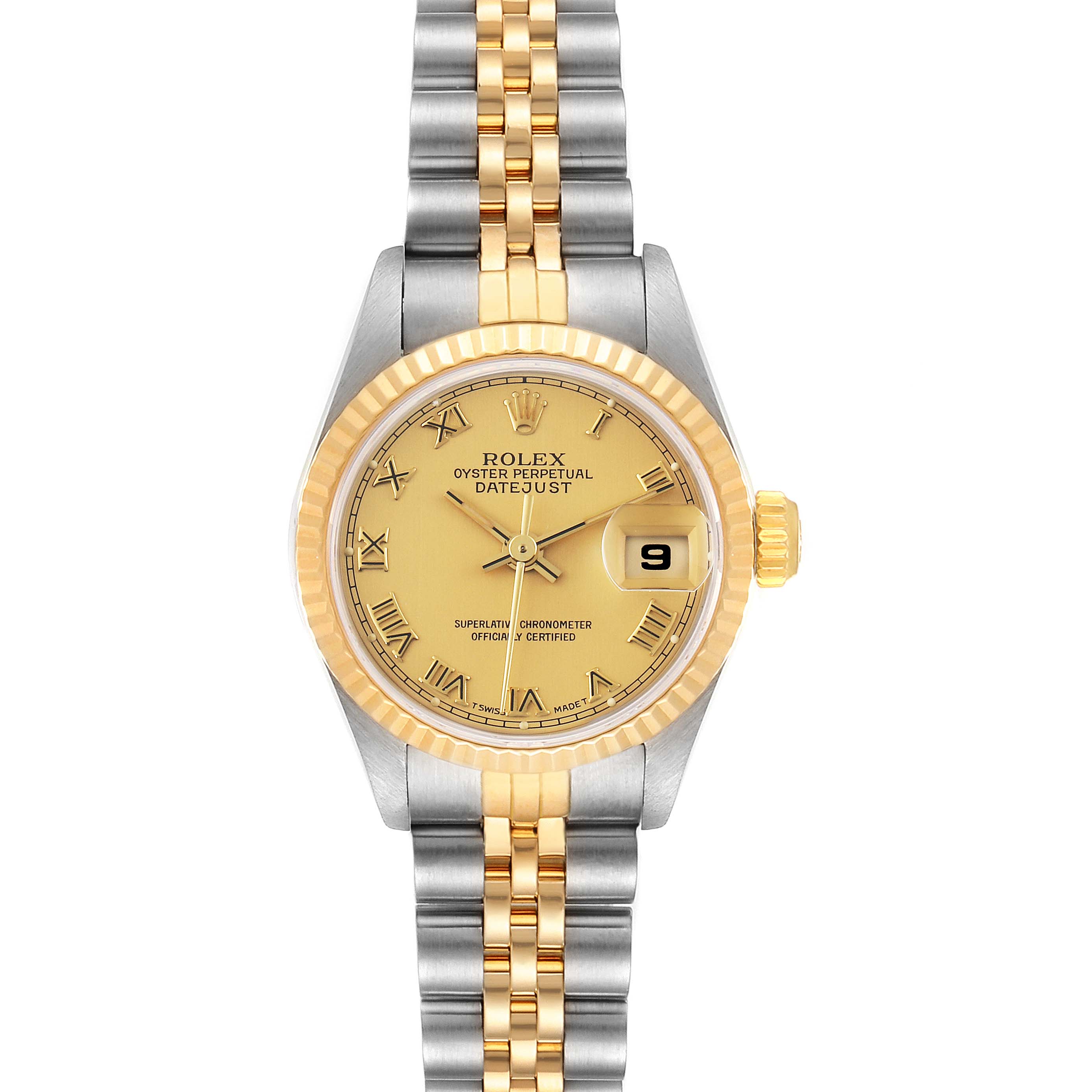 The image shows a front view of the Rolex Datejust 69173 Women
s Steel and Gold (two tone) Champagne Dial 69173 Women
s Steel and Gold (two tone) Champagne Dial watch, highlighting its gold dial, fluted bezel, and two-tone bracelet.
