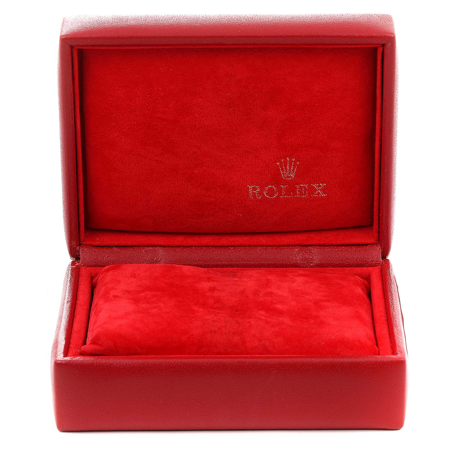 This image shows an open Rolex watch box, presumably for the Datejust model, with red interior padding and the Rolex logo.