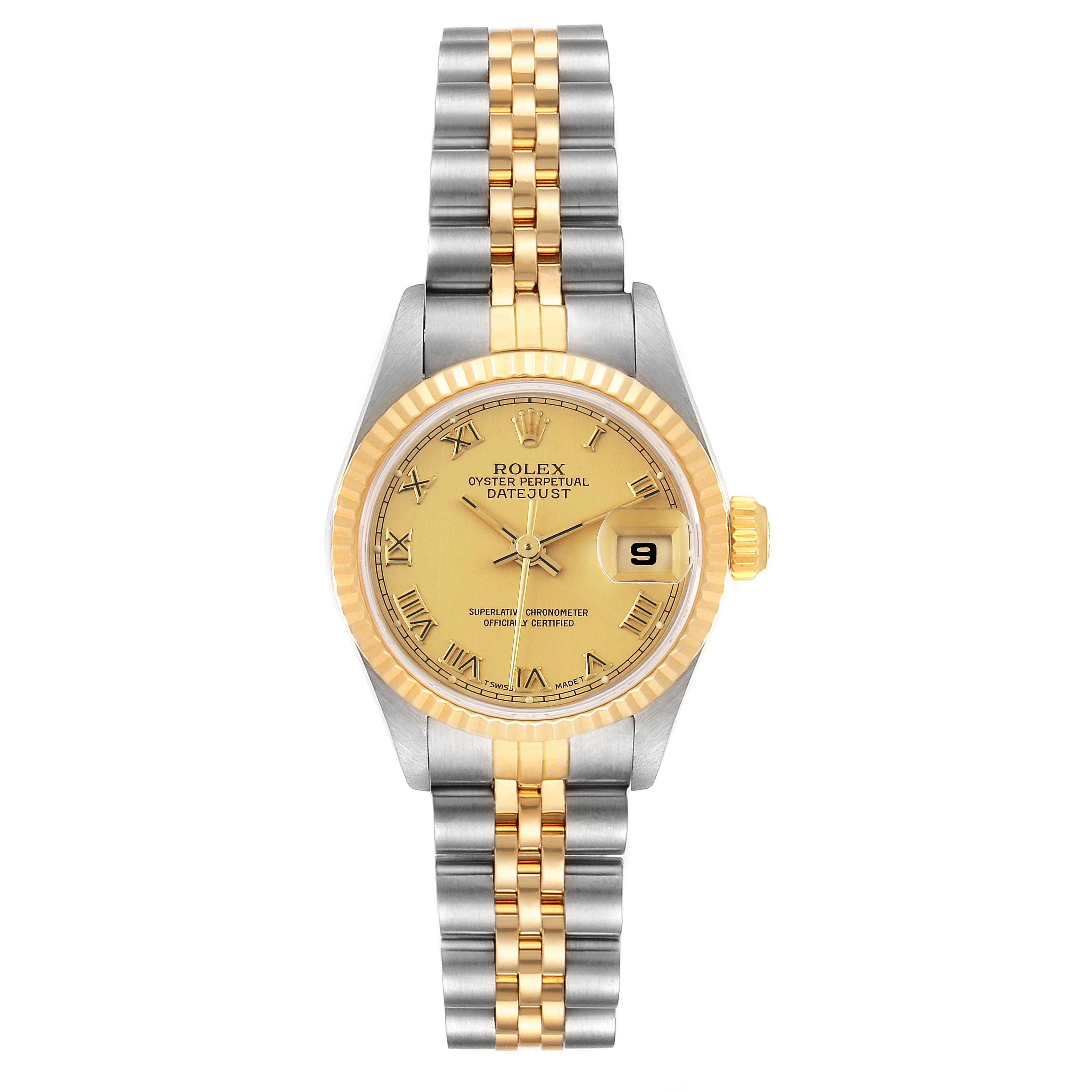 This image shows a front view of a Rolex Datejust 69173 Women
s Steel and Gold (two tone) Champagne Dial 69173 Women
s Steel and Gold (two tone) Champagne Dial watch, detailing the dial, bracelet, bezel, and date feature.