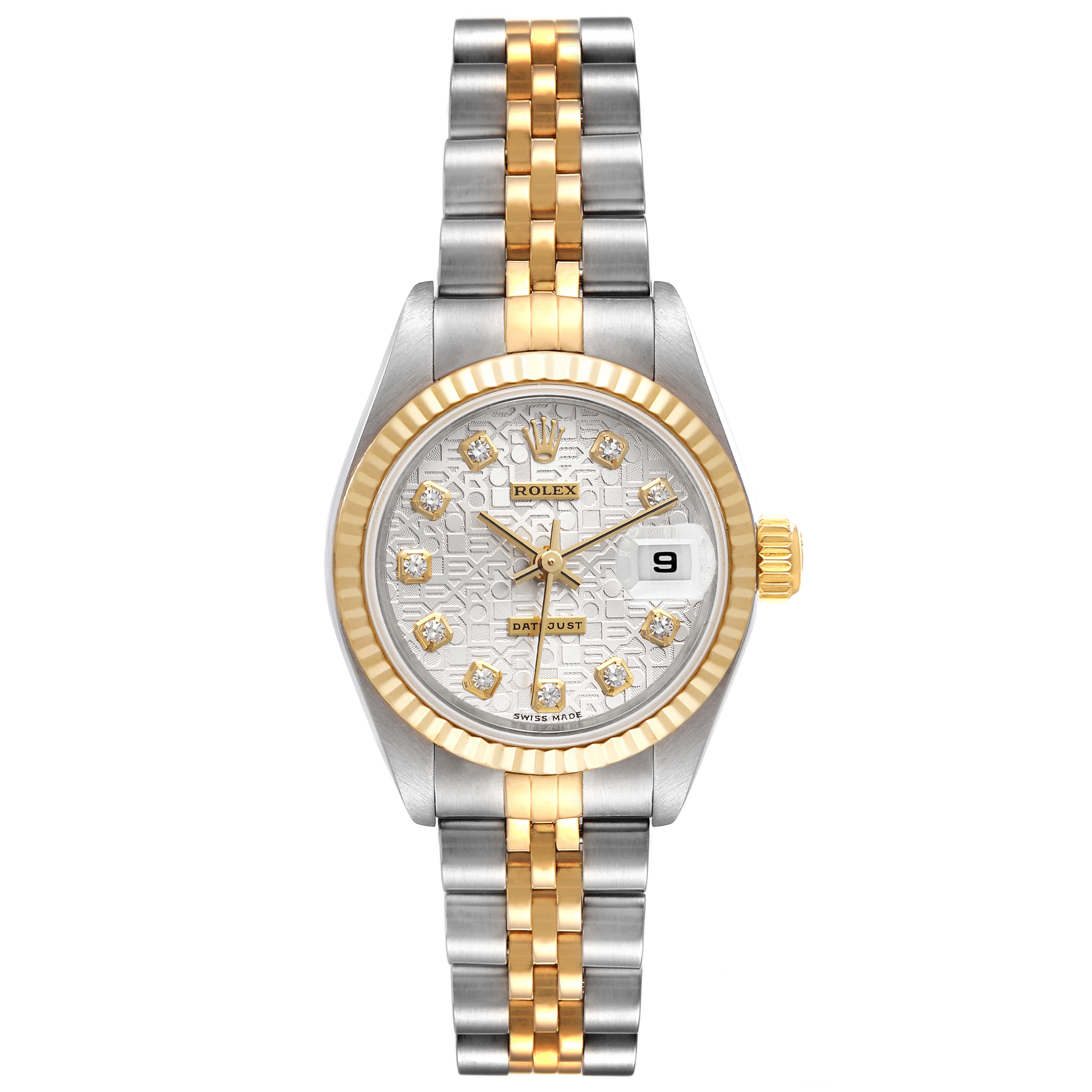 The image displays a Rolex Datejust 79173 Women's Steel and Gold (two tone) Silver Dial 79173 Women's Steel and Gold (two tone) Silver Dial watch from a top-down angle, featuring a two-tone bracelet and a diamond-accented dial.