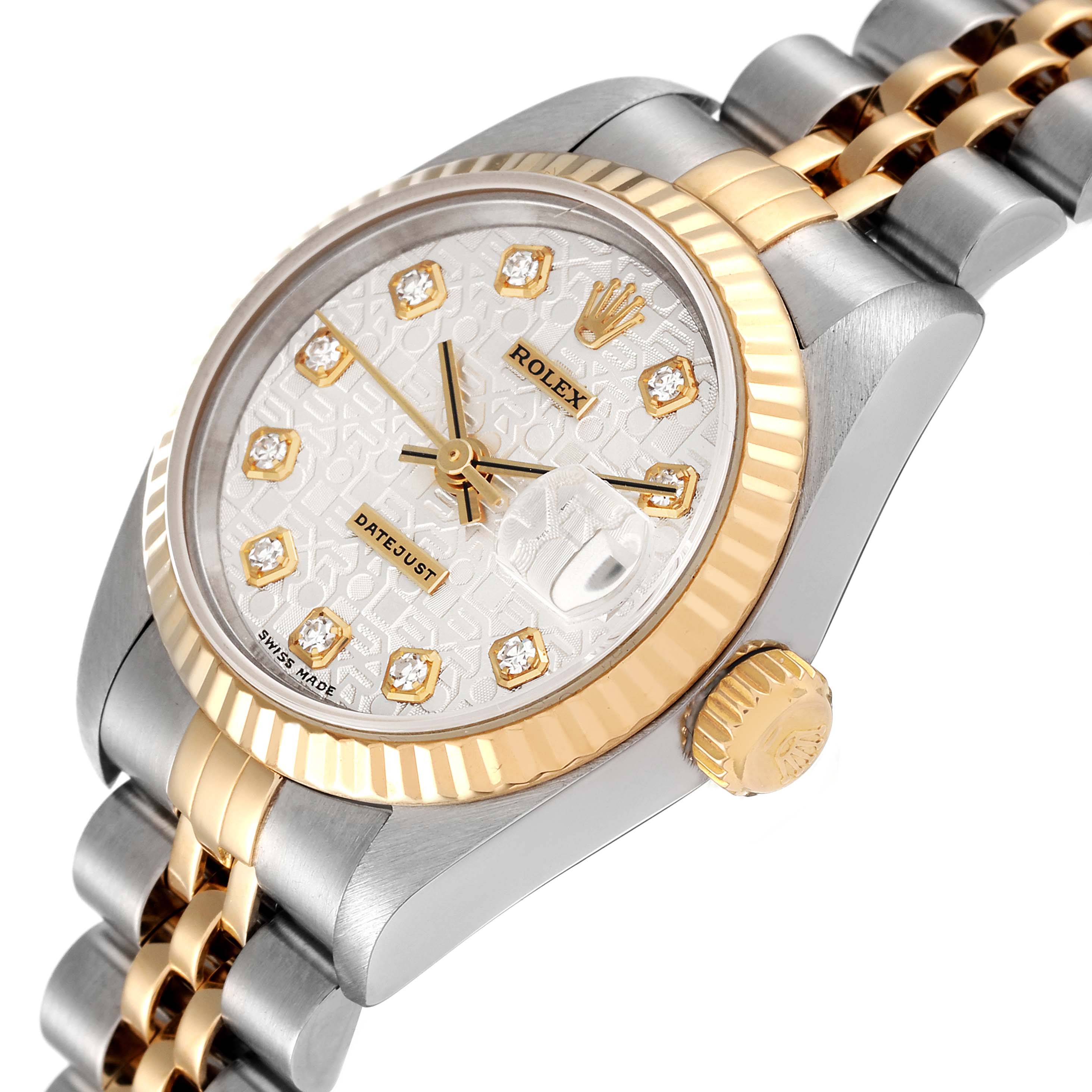 The image shows a close-up angle of the Rolex Datejust 79173 Women's Steel and Gold (two tone) Silver Dial 79173 Women's Steel and Gold (two tone) Silver Dial watch, focusing on its face, bezel, crown, and bracelet.