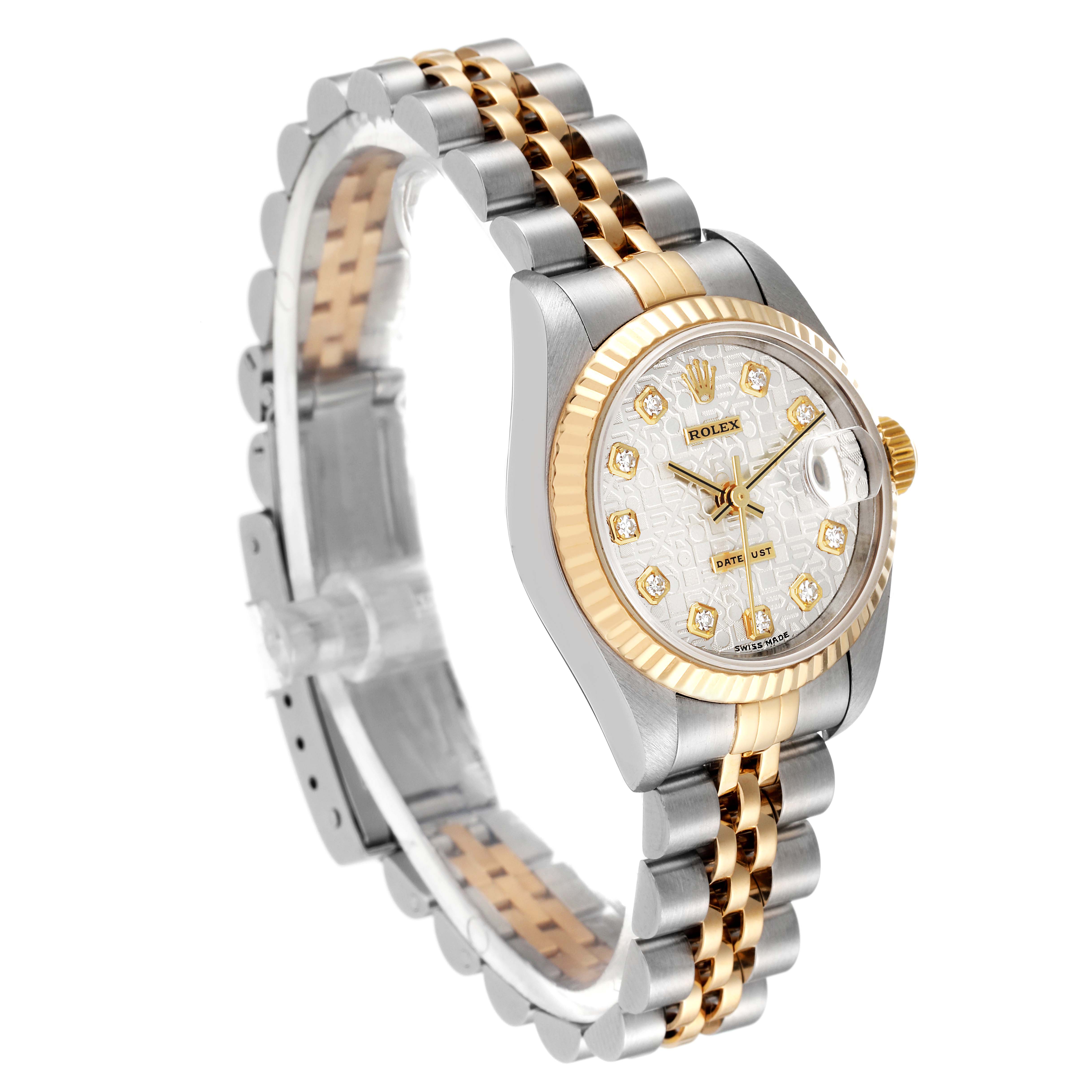 The image shows a Rolex Datejust 79173 Women's Steel and Gold (two tone) Silver Dial 79173 Women's Steel and Gold (two tone) Silver Dial watch at a three-quarter angle, highlighting its two-tone bracelet, fluted bezel, and diamond dial.