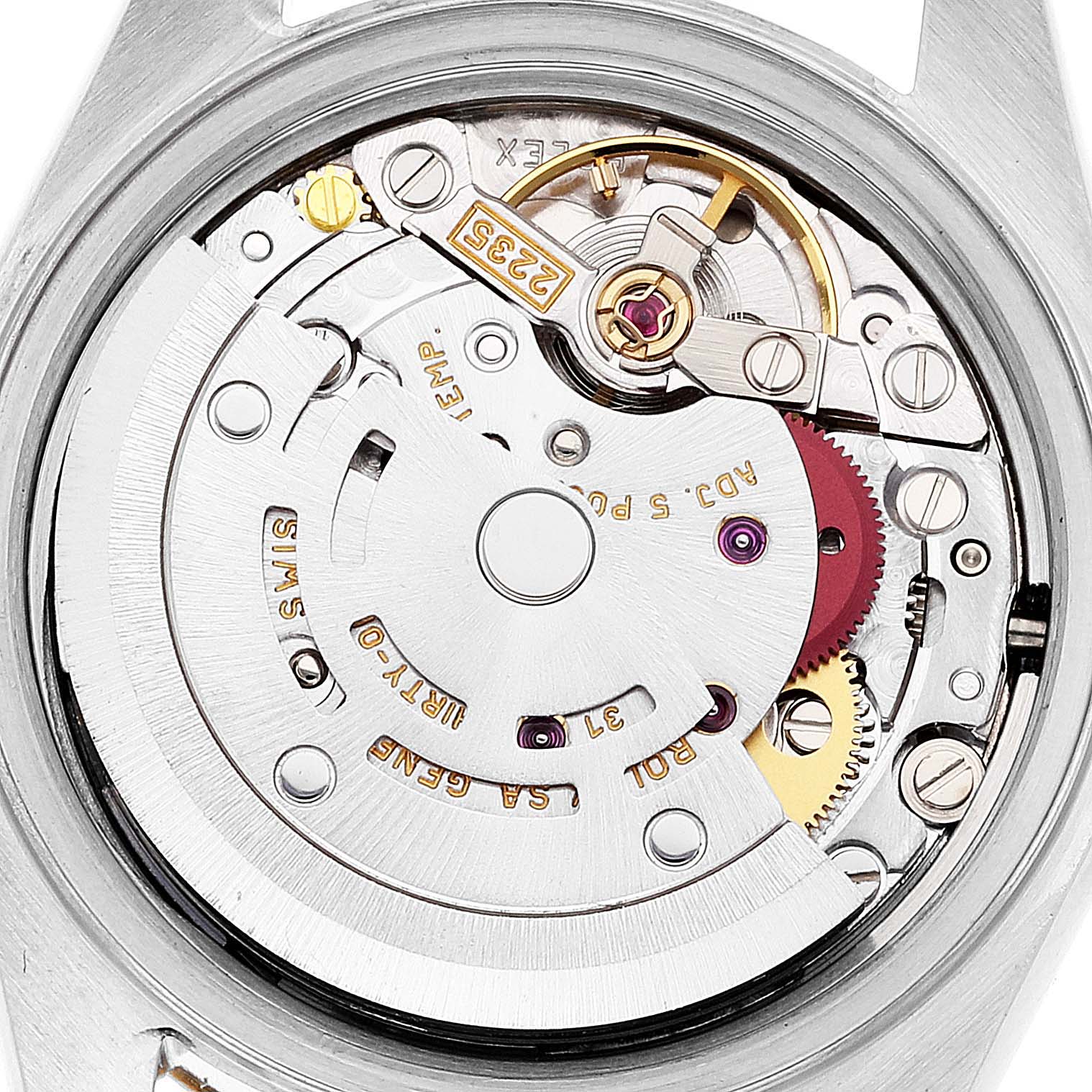 This image shows the internal movement of the Rolex Datejust 79173 Women's Steel and Gold (two tone) Silver Dial 79173 Women's Steel and Gold (two tone) Silver Dial watch from a top-down angle.