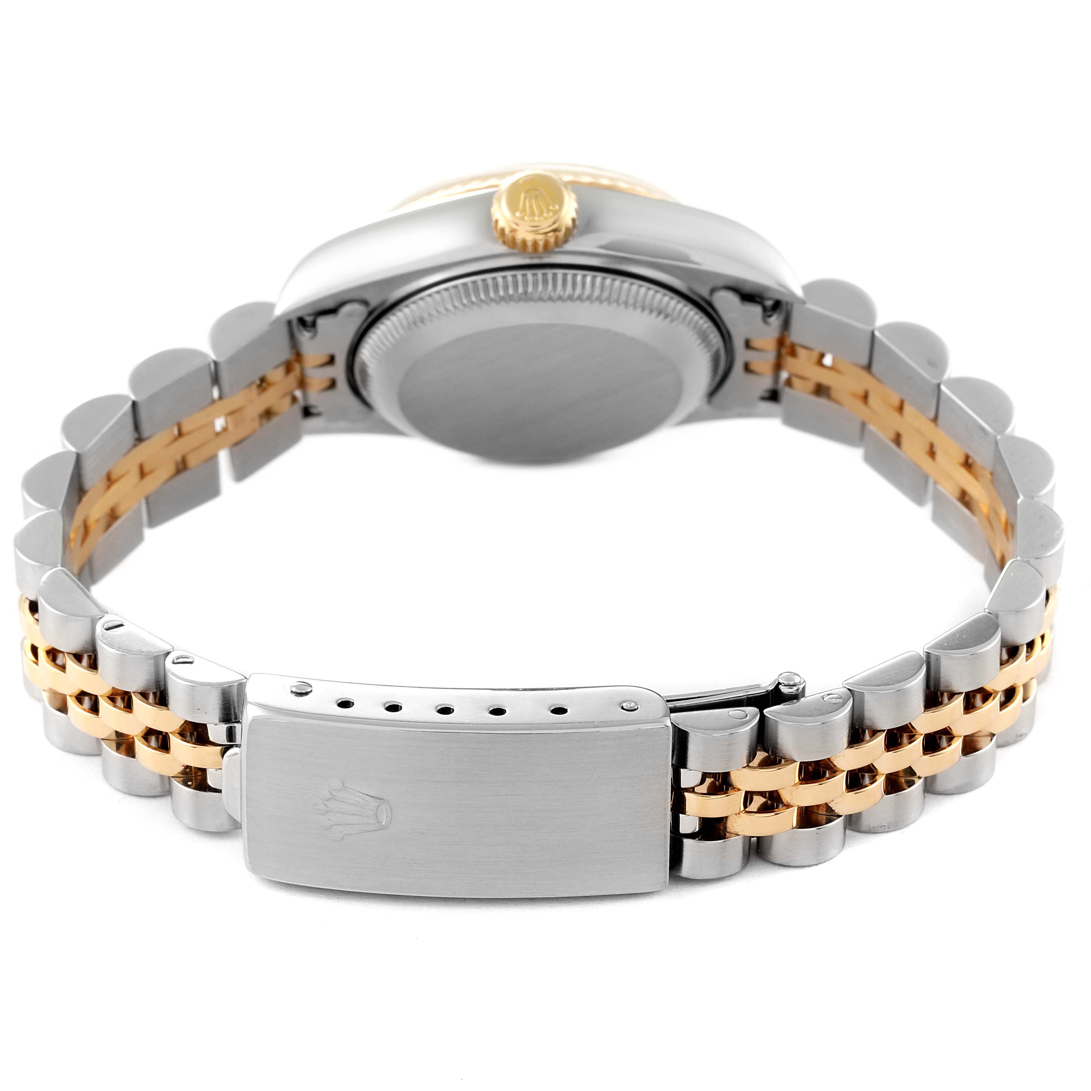 The image shows the back view of a Rolex Datejust 79173 Women's Steel and Gold (two tone) Silver Dial 79173 Women's Steel and Gold (two tone) Silver Dial watch, highlighting the bracelet and clasp.
