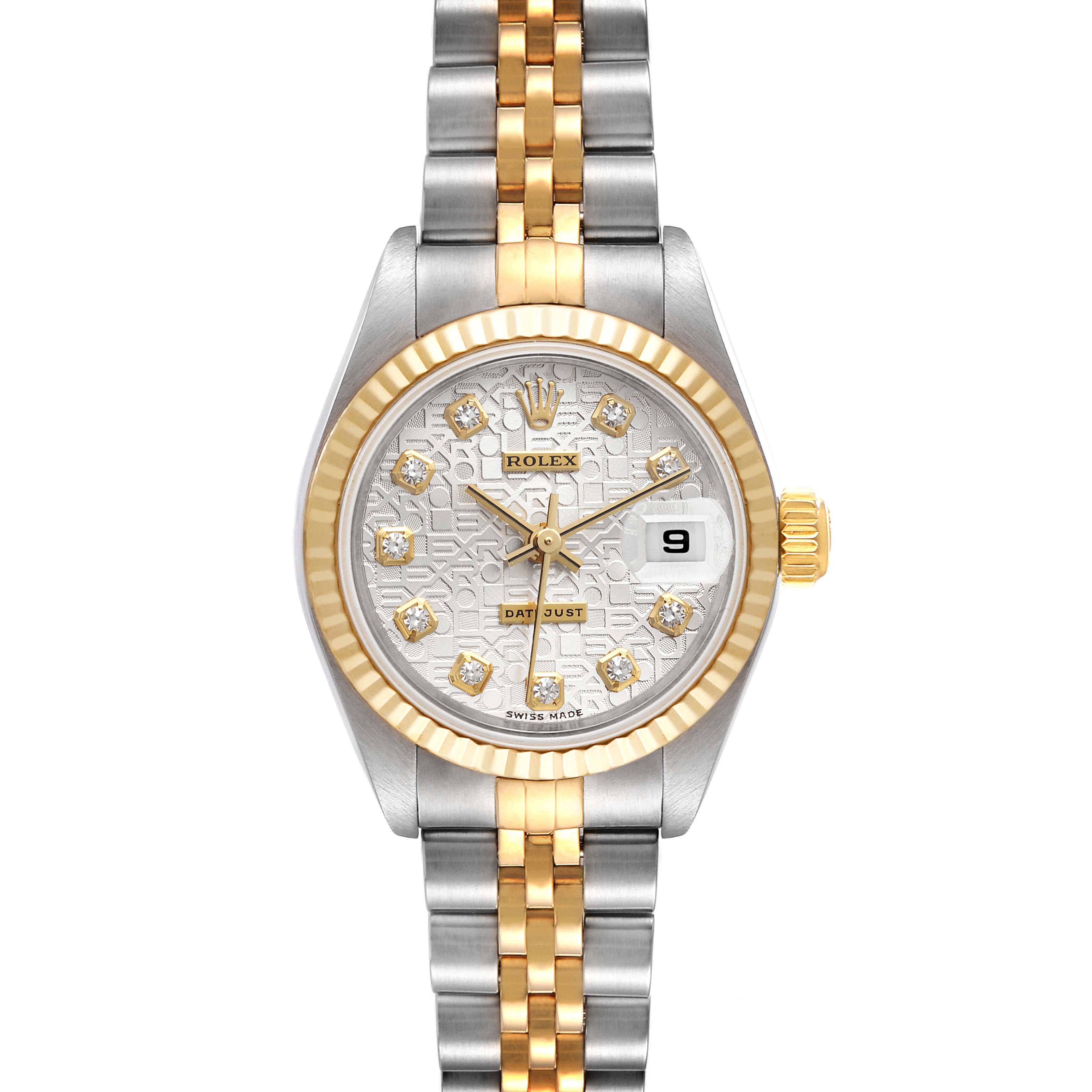This is a Rolex Datejust 79173 Women's Steel and Gold (two tone) Silver Dial 79173 Women's Steel and Gold (two tone) Silver Dial watch shown from a frontal angle, displaying the dial, bezel, and bracelet.