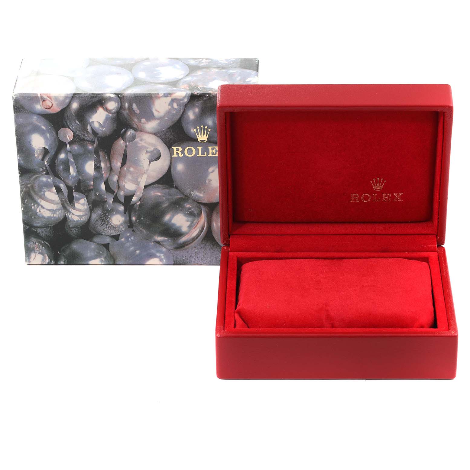 The image shows the box and packaging of a Rolex Datejust 79173 Women's Steel and Gold (two tone) Silver Dial 79173 Women's Steel and Gold (two tone) Silver Dial watch; the box is open and empty, revealing a red interior.