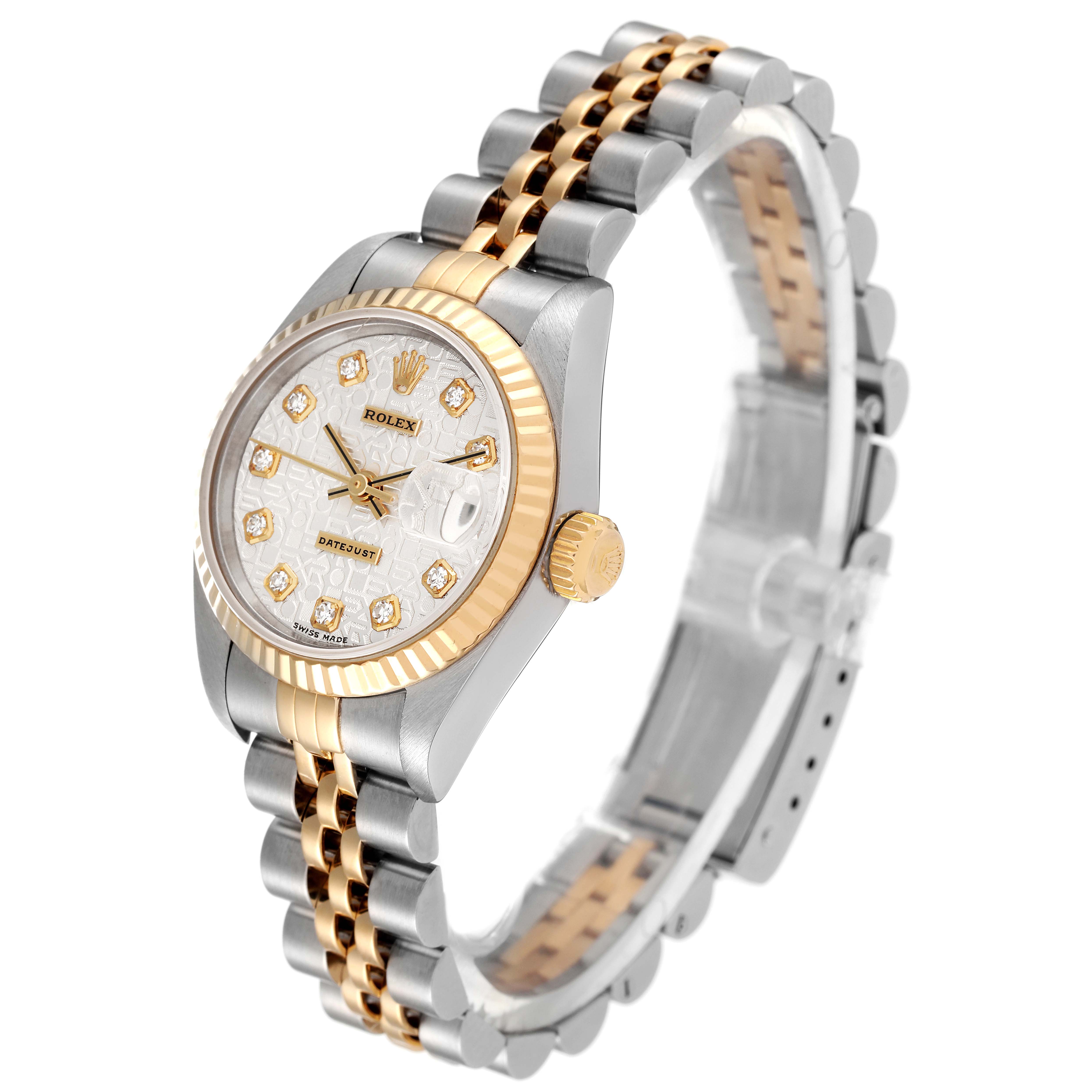 The image shows a Rolex Datejust 79173 Women's Steel and Gold (two tone) Silver Dial 79173 Women's Steel and Gold (two tone) Silver Dial watch at an angle highlighting the dial, bezel, crown, and the two-tone bracelet.