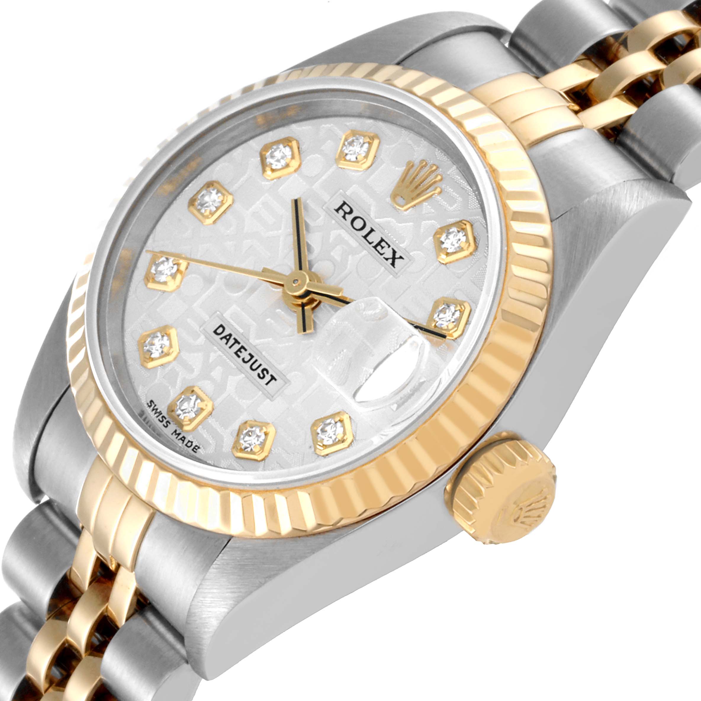 The image shows a close-up angled view of the Rolex Datejust 79173 Women's Steel and Gold (two tone) Silver Dial 79173 Women's Steel and Gold (two tone) Silver Dial watch, highlighting the dial, crown, and two-tone bracelet.