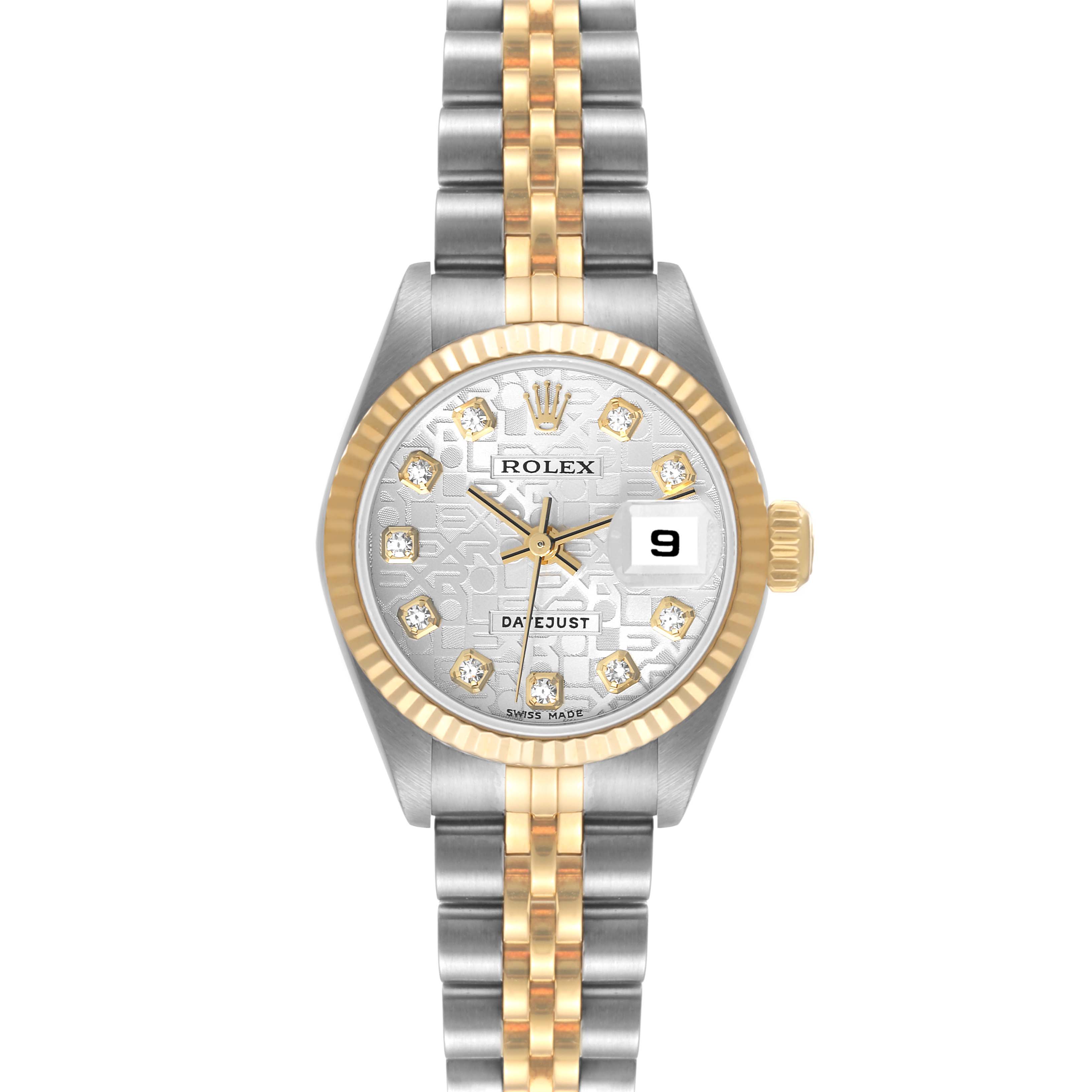 This Rolex Datejust 79173 Women's Steel and Gold (two tone) Silver Dial 79173 Women's Steel and Gold (two tone) Silver Dial watch is shown from the front, displaying the dial, bezel, and two-tone bracelet.