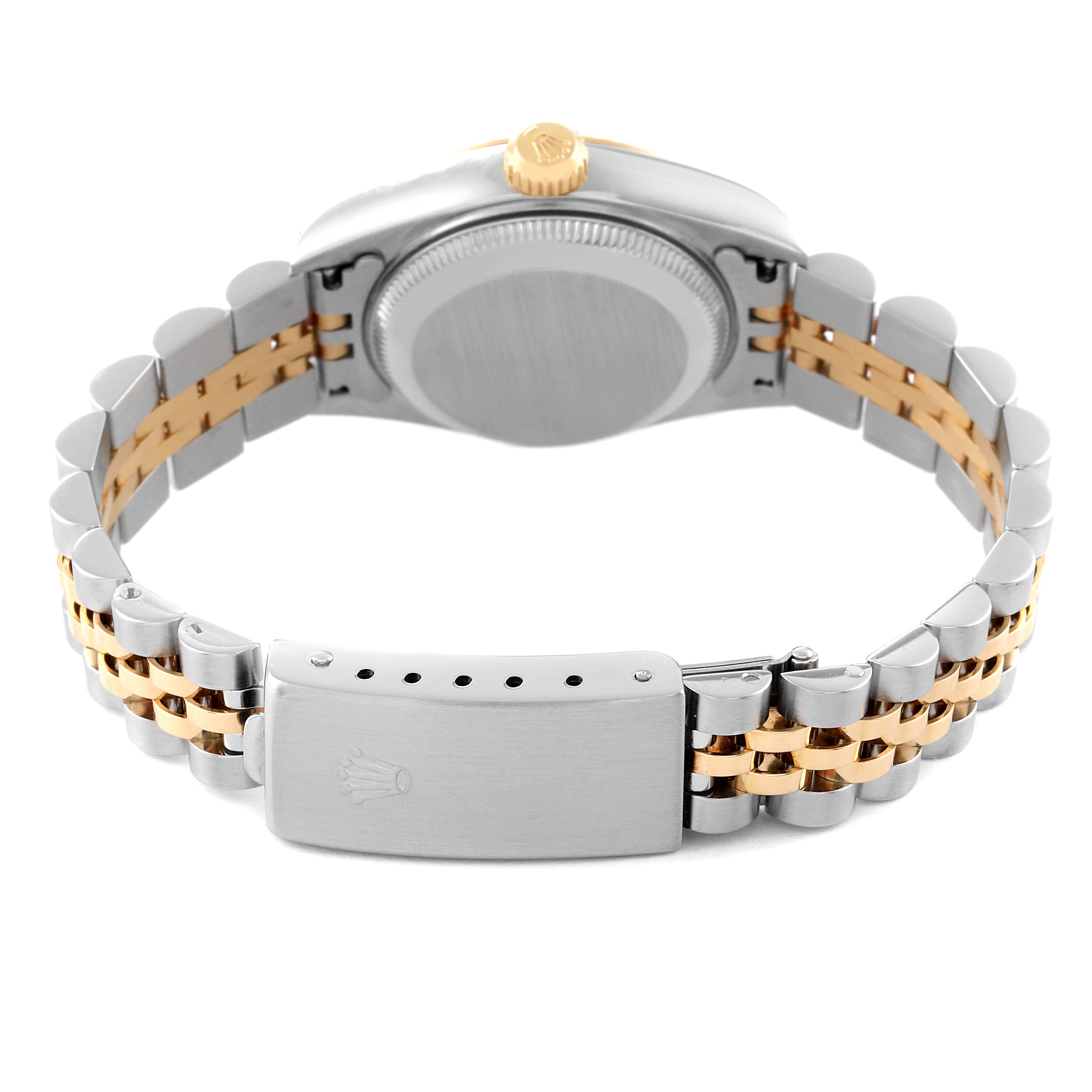 The image shows the back view of a Rolex Datejust 79173 Women's Steel and Gold (two tone) Silver Dial 79173 Women's Steel and Gold (two tone) Silver Dial watch, highlighting the clasp, bracelet, and crown.
