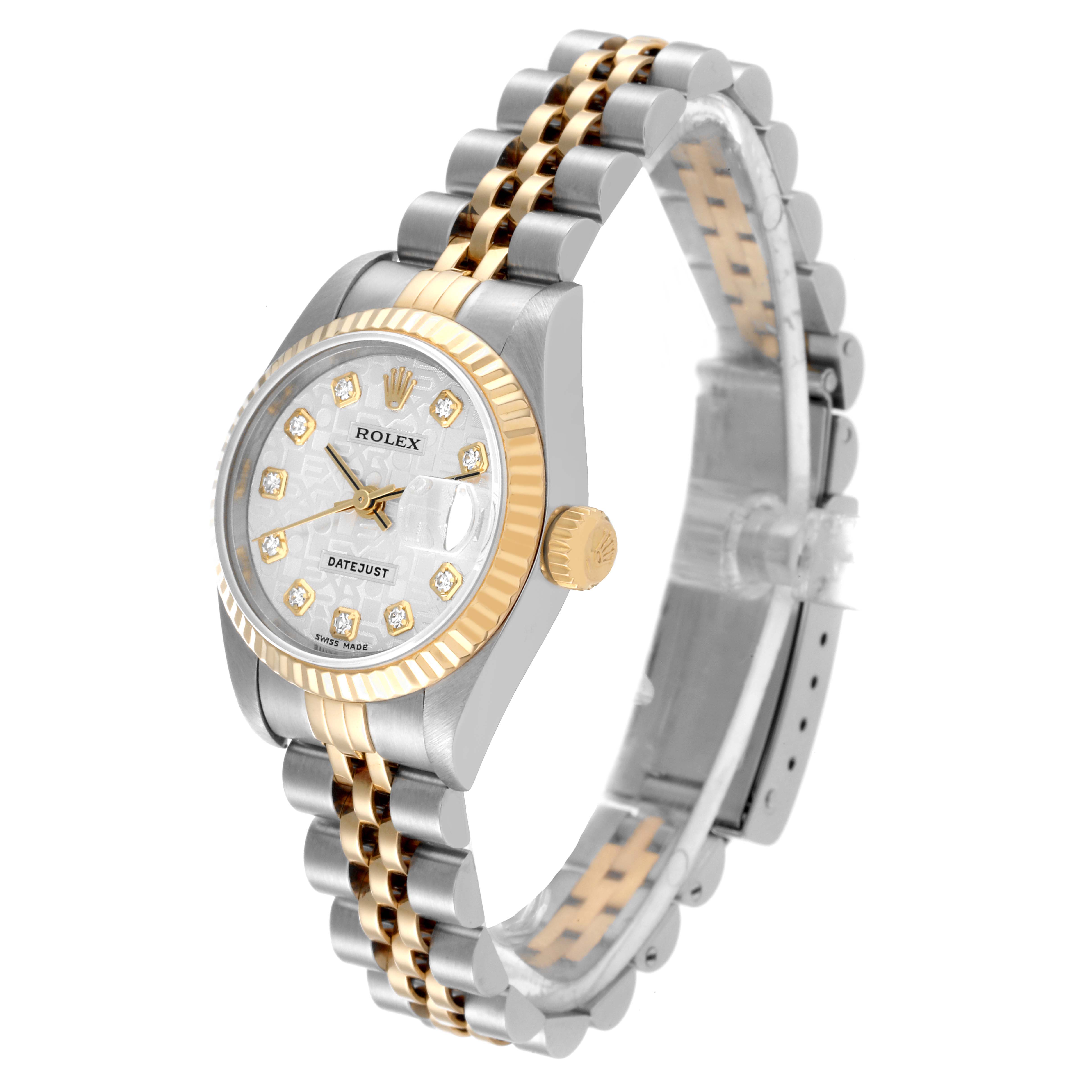 The image shows a Rolex Datejust 79173 Women's Steel and Gold (two tone) Silver Dial 79173 Women's Steel and Gold (two tone) Silver Dial watch photographed from a 3/4 angle, featuring a two-tone bracelet and diamond hour markers.