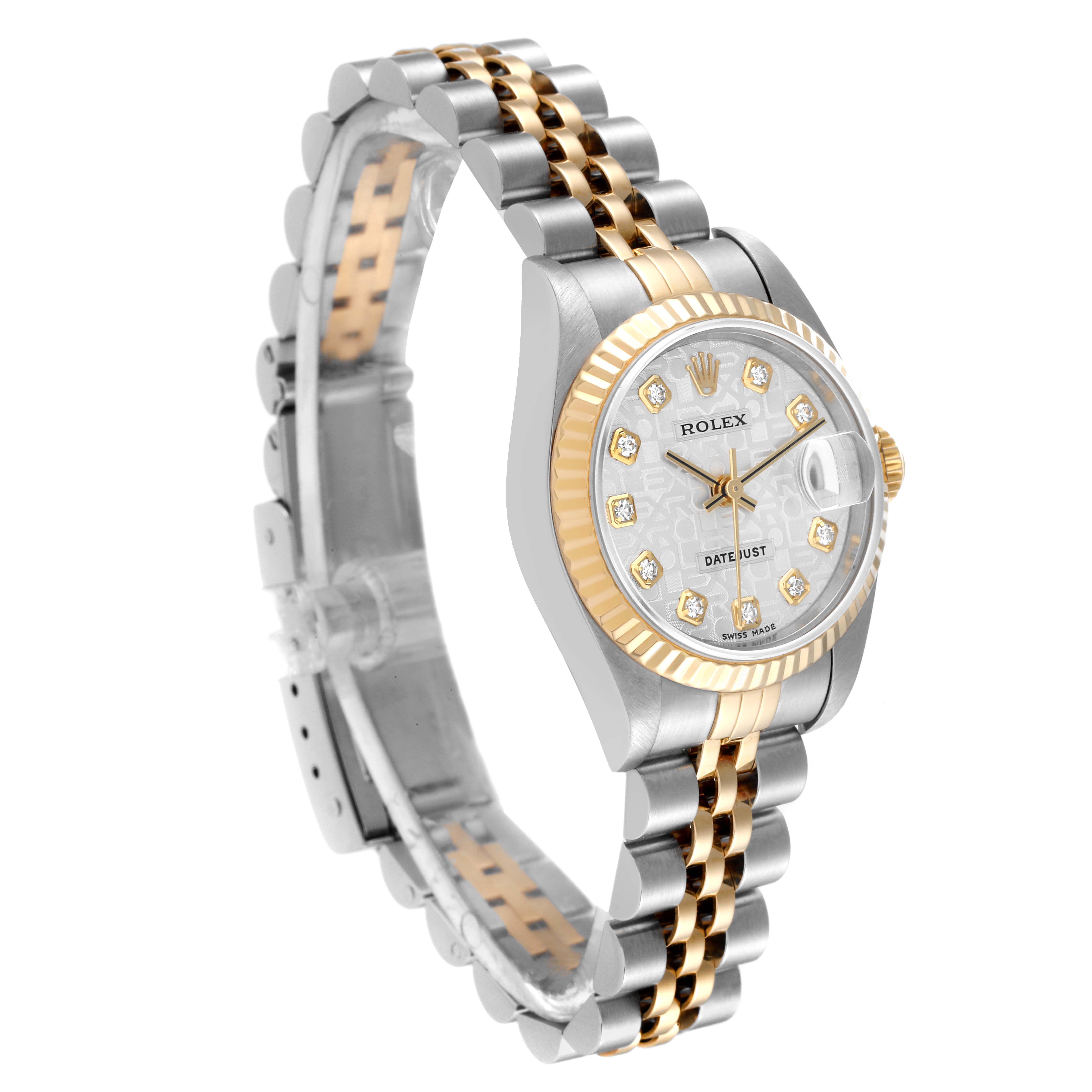 The Rolex Datejust 79173 Women's Steel and Gold (two tone) Silver Dial 79173 Women's Steel and Gold (two tone) Silver Dial watch is shown at a three-quarter angle, highlighting its gold and silver bracelet, diamond dial, and fluted bezel.