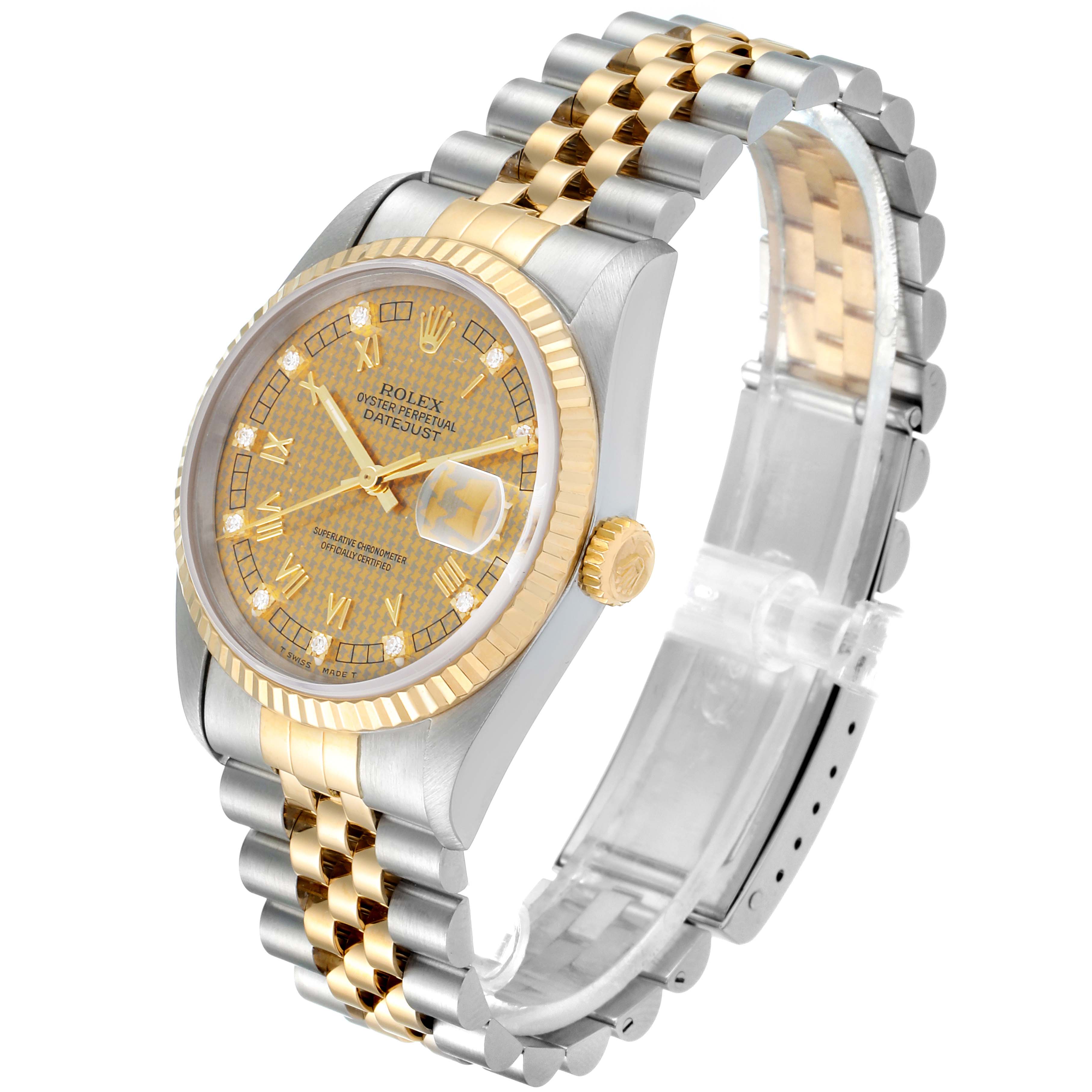 The image shows a Rolex Datejust 16233 Men's Steel and Gold (two tone) Champagne Dial 16233 Men's Steel and Gold (two tone) Champagne Dial watch from an angled view, highlighting its two-tone bracelet, gold bezel, and dial with date display.