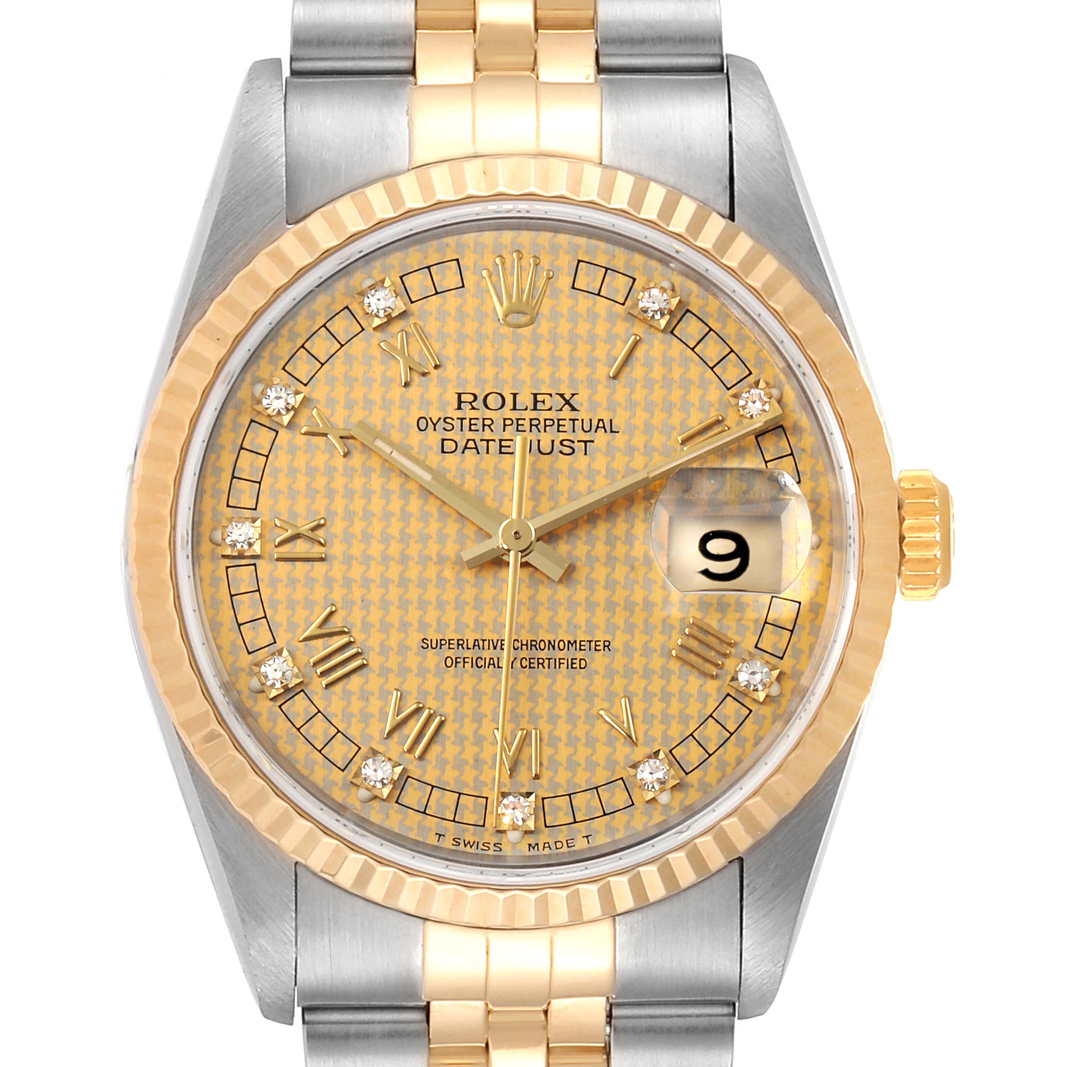 The image shows a frontal view of a Rolex Datejust 16233 Men's Steel and Gold (two tone) Champagne Dial 16233 Men's Steel and Gold (two tone) Champagne Dial watch, highlighting its gold and silver bracelet and detailed dial with Roman numerals and diamonds.