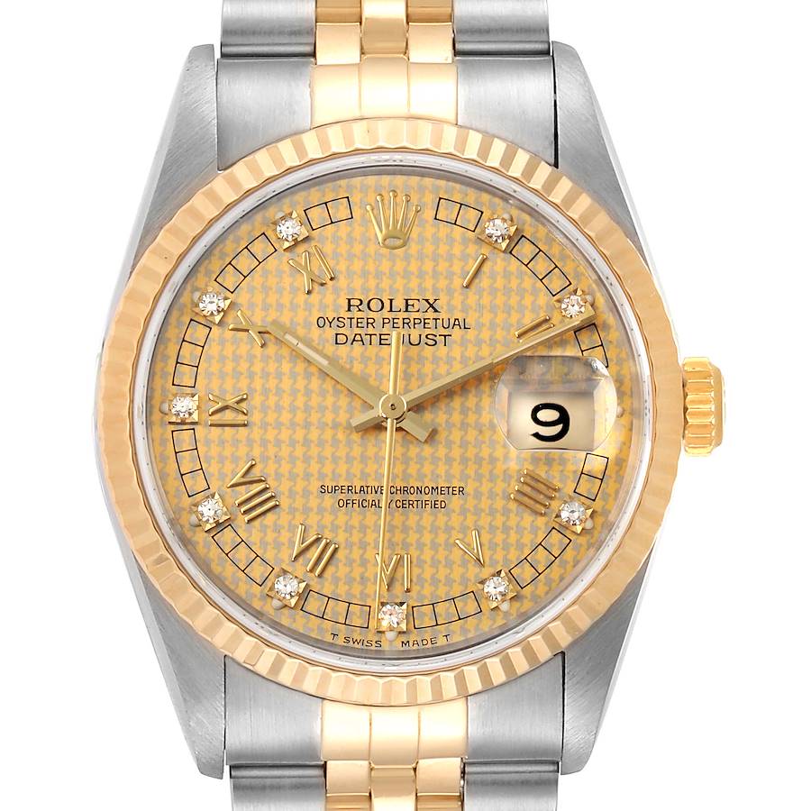 Rolex Datejust Steel Yellow Gold HoundsTooth Diamond Mens Watch 16233 SwissWatchExpo