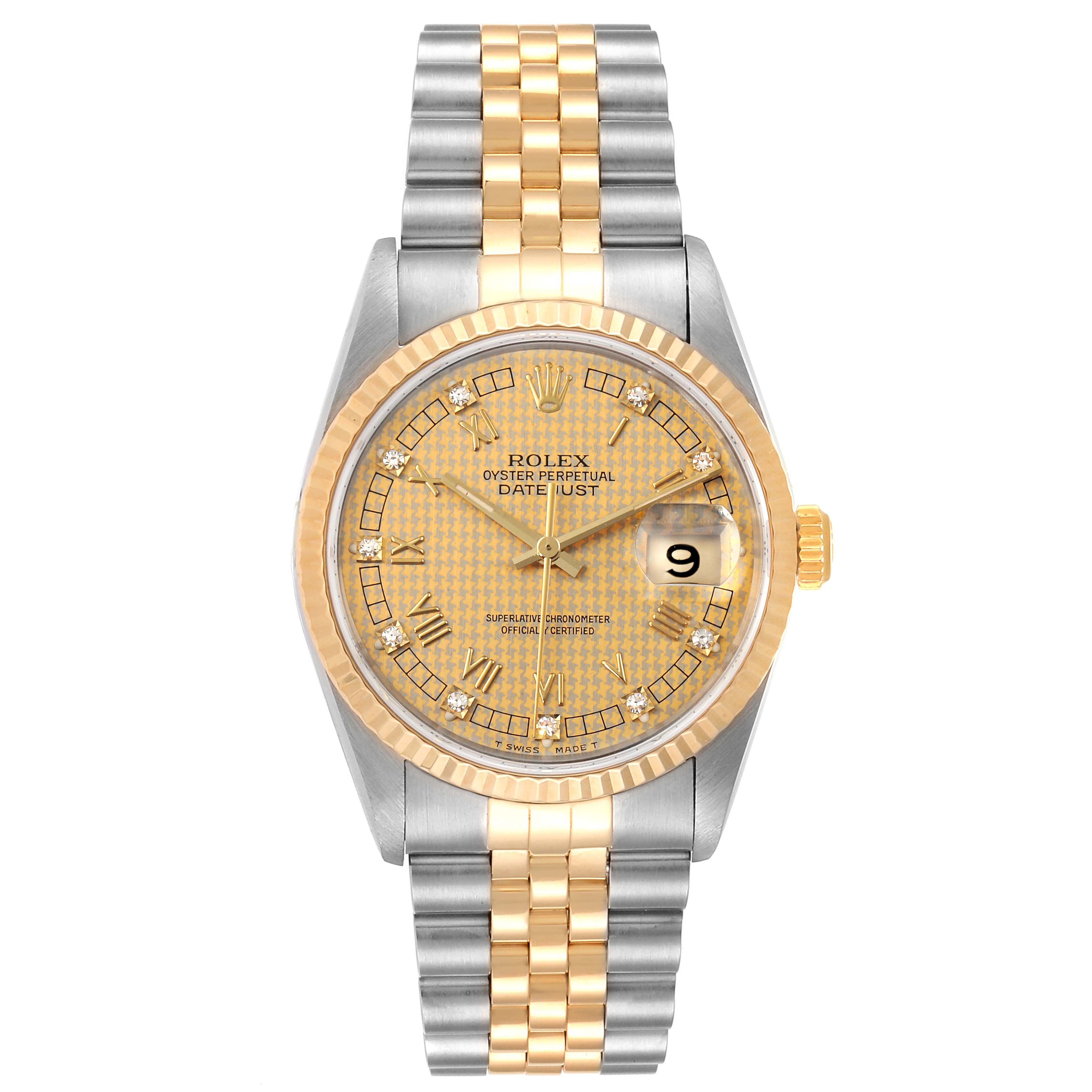 This Rolex Datejust 16233 Men's Steel and Gold (two tone) Champagne Dial 16233 Men's Steel and Gold (two tone) Champagne Dial watch is shown from the front, displaying the dial, bezel, bracelet, and date window.