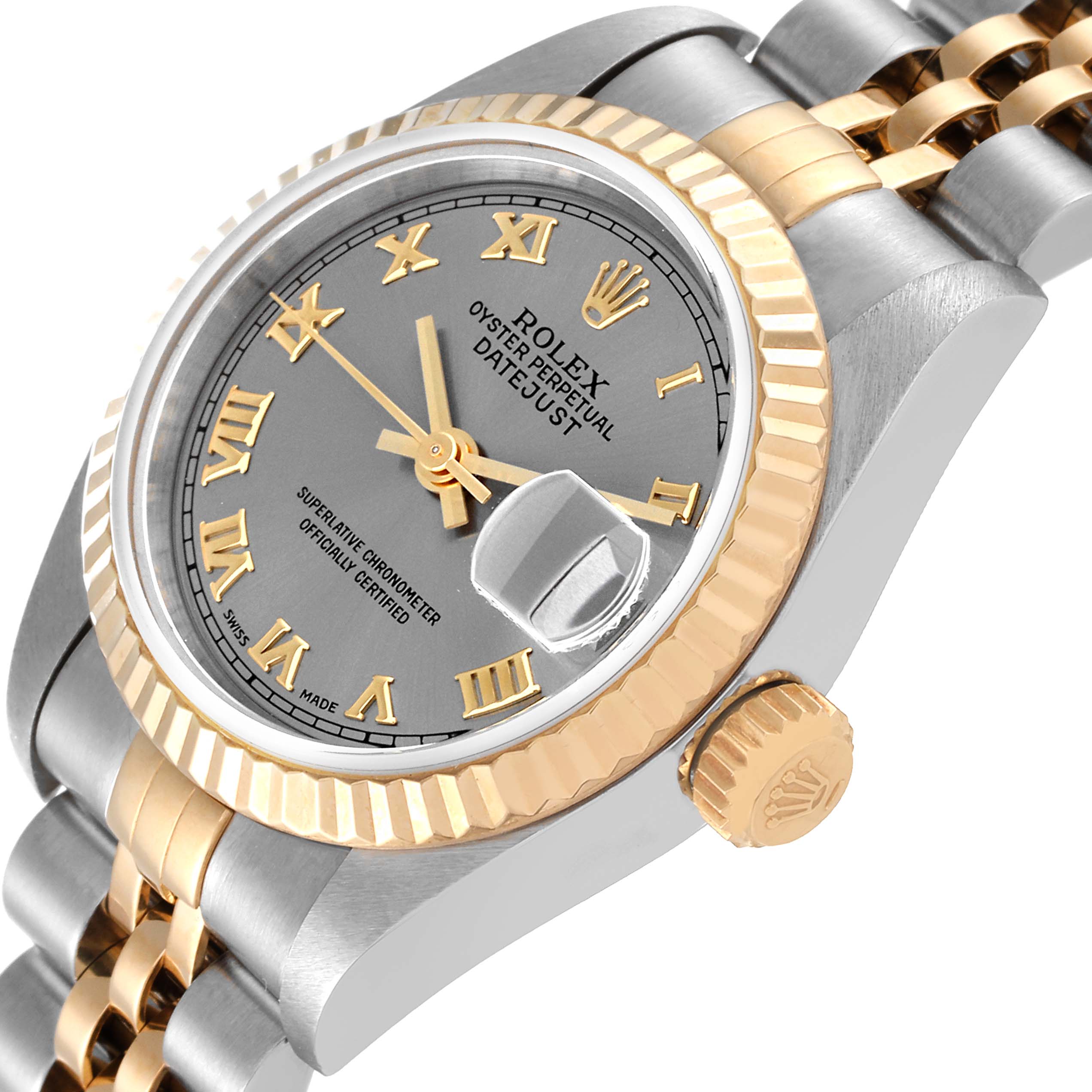 The image shows a close-up of the dial, bezel, and crown of a Rolex Datejust 69173 Women's Steel and Gold (two tone) Grey Dial 69173 Women's Steel and Gold (two tone) Grey Dial watch.