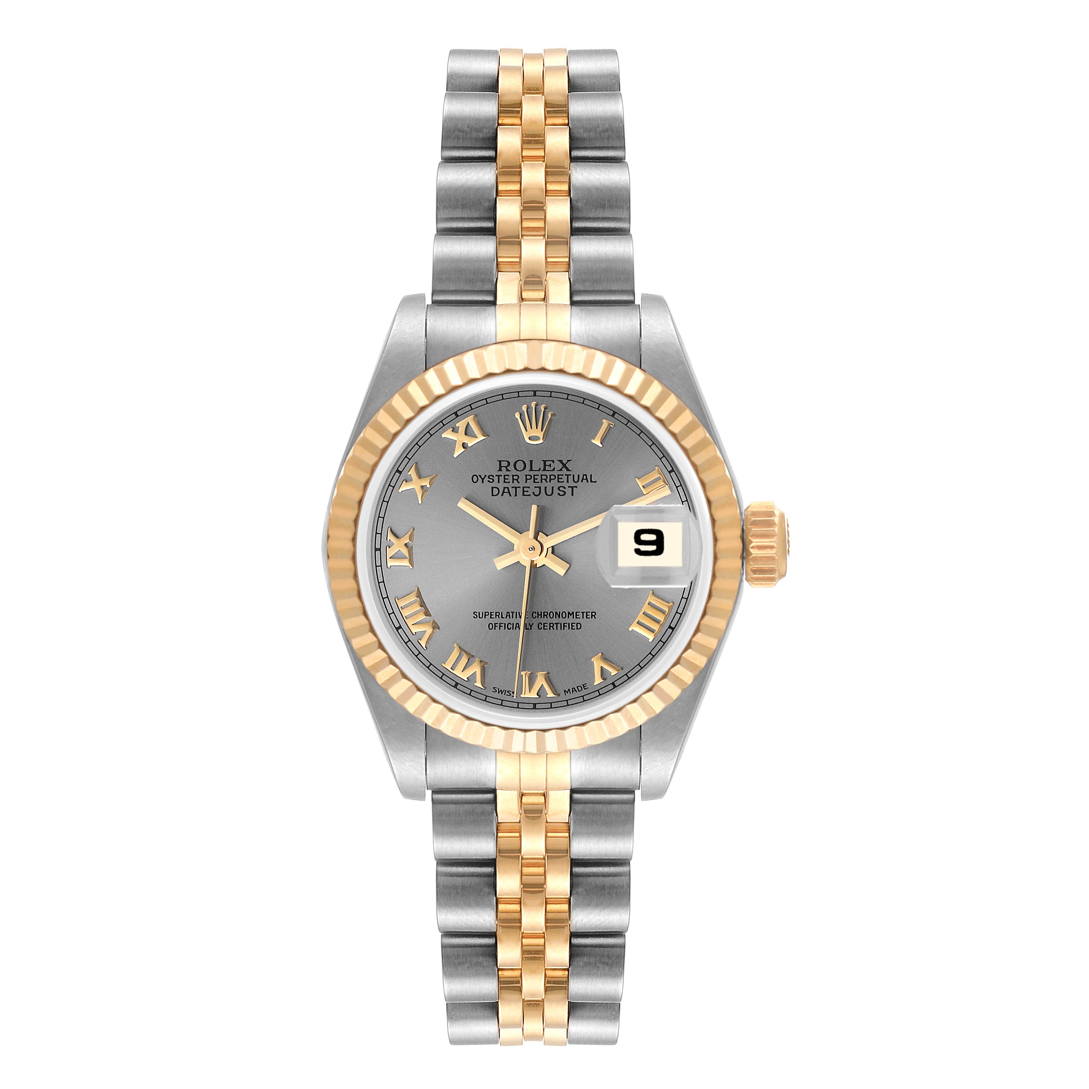 The Rolex Datejust 69173 Women's Steel and Gold (two tone) Grey Dial 69173 Women's Steel and Gold (two tone) Grey Dial watch is shown from a top-down angle, displaying its face, bezel, and bracelet clearly.