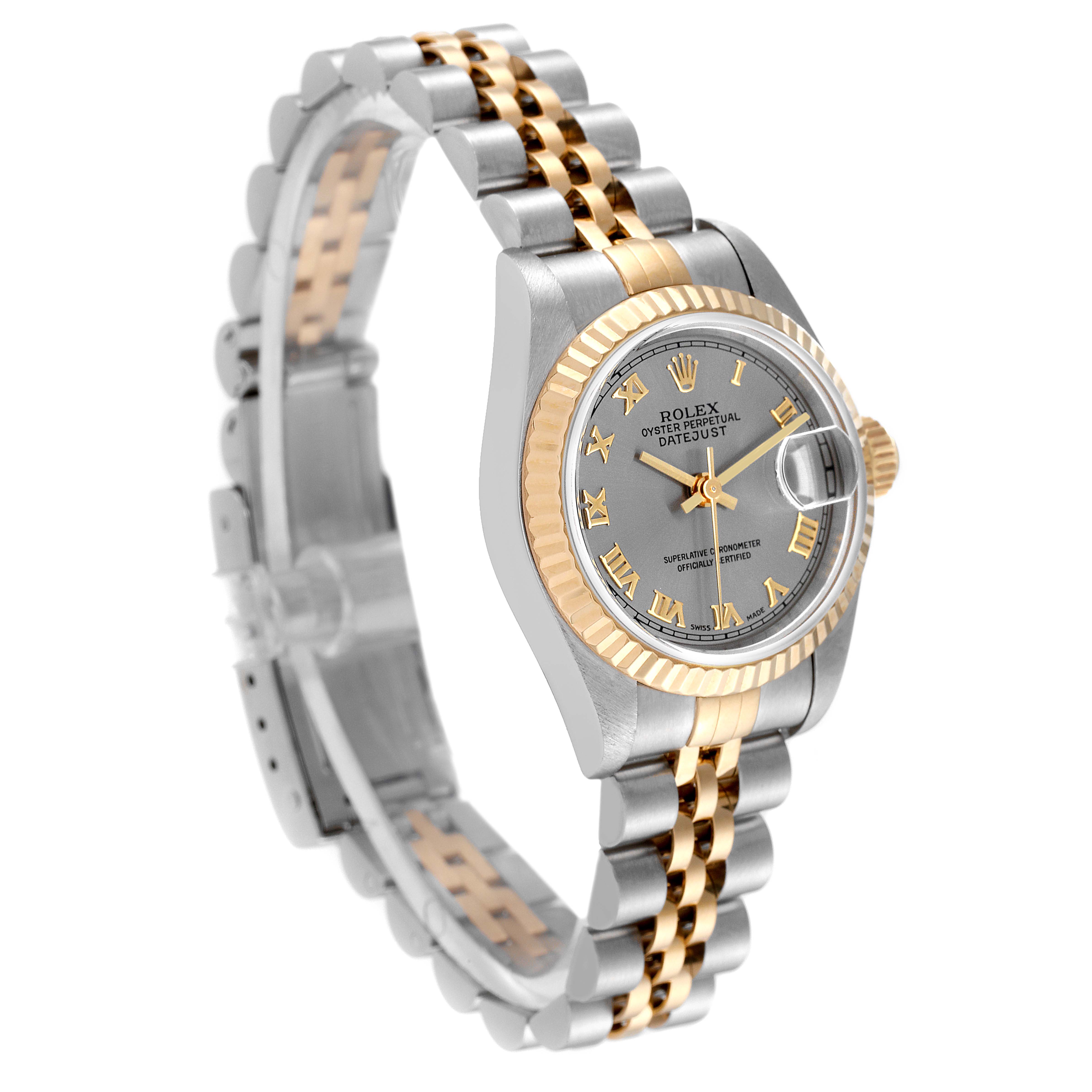 This Rolex Datejust 69173 Women's Steel and Gold (two tone) Grey Dial 69173 Women's Steel and Gold (two tone) Grey Dial watch is angled to show the face, bezel, and bracelet in a three-quarter view.