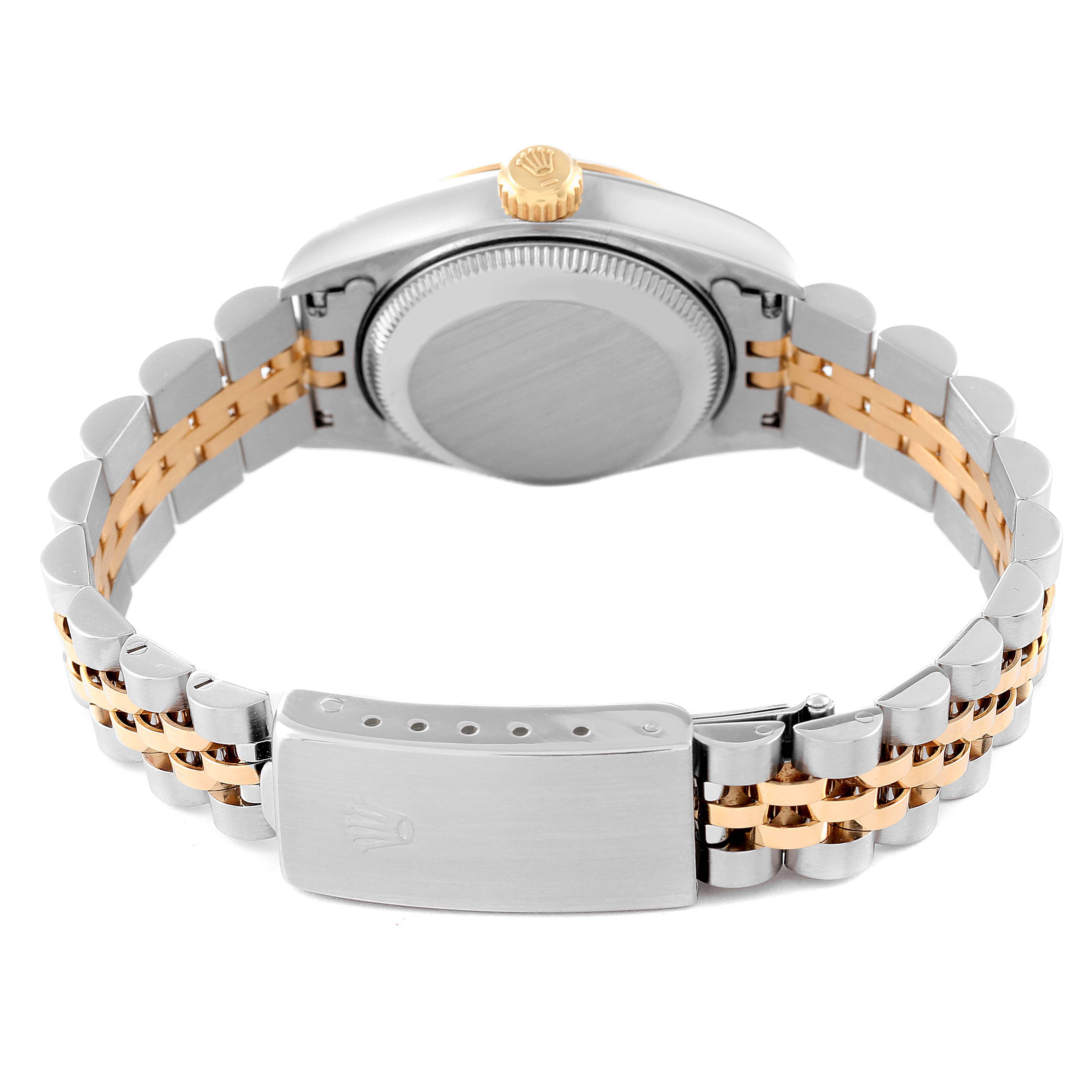 The image shows the back view of a Rolex Datejust 69173 Women's Steel and Gold (two tone) Grey Dial 69173 Women's Steel and Gold (two tone) Grey Dial watch, highlighting the case back, bracelet, and clasp.