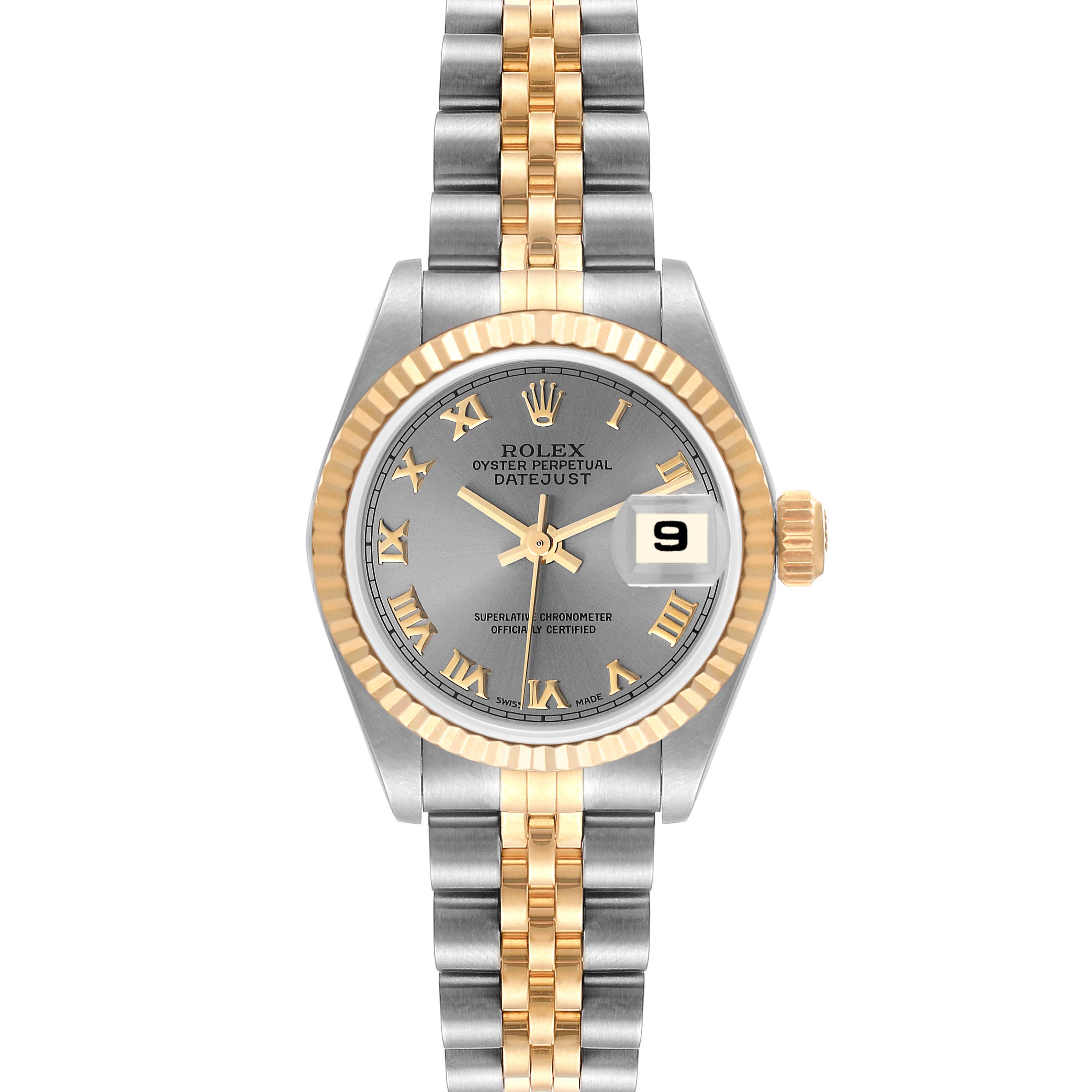 This image shows a front view of a Rolex Datejust 69173 Women's Steel and Gold (two tone) Grey Dial 69173 Women's Steel and Gold (two tone) Grey Dial watch, featuring a gray dial, gold Roman numerals, fluted bezel, and two-tone bracelet.