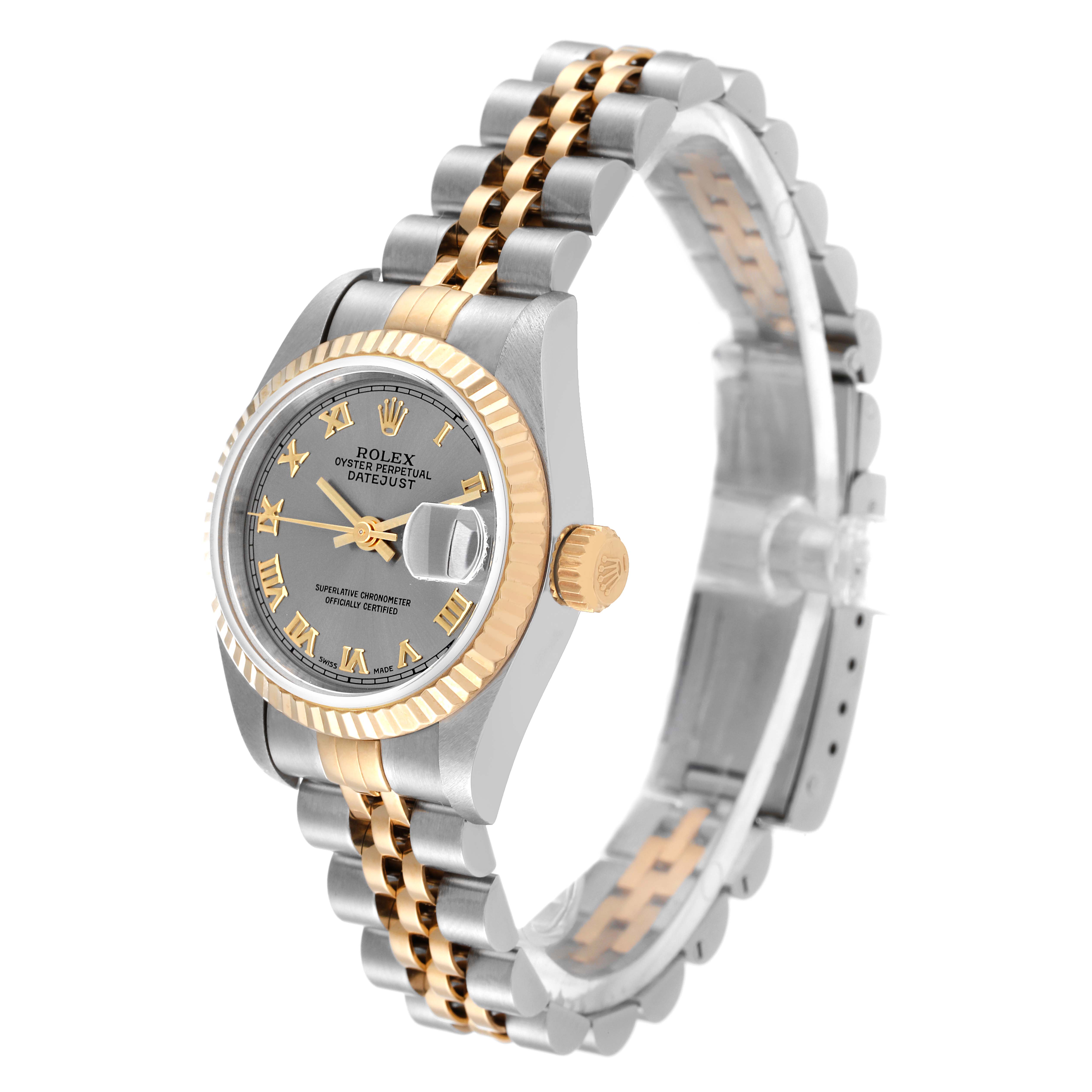 This image shows a side view of the Rolex Datejust 69173 Women's Steel and Gold (two tone) Grey Dial 69173 Women's Steel and Gold (two tone) Grey Dial watch, highlighting the face, bezel, crown, and two-tone bracelet.