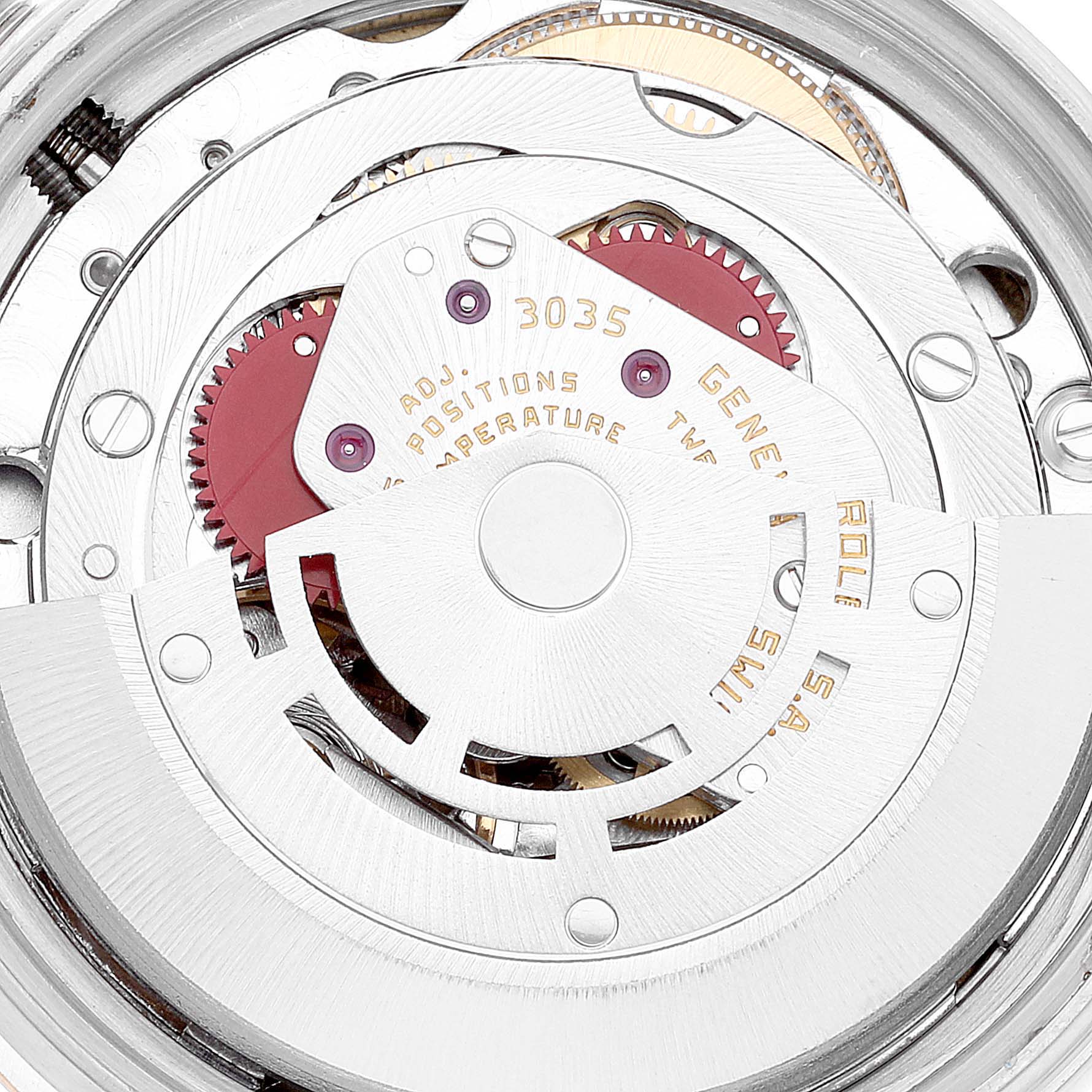 The image shows the intricate internal movement mechanism of a Rolex Datejust 16013 Men's Steel and Gold (two tone) White Dial 16013 Men's Steel and Gold (two tone) White Dial watch.