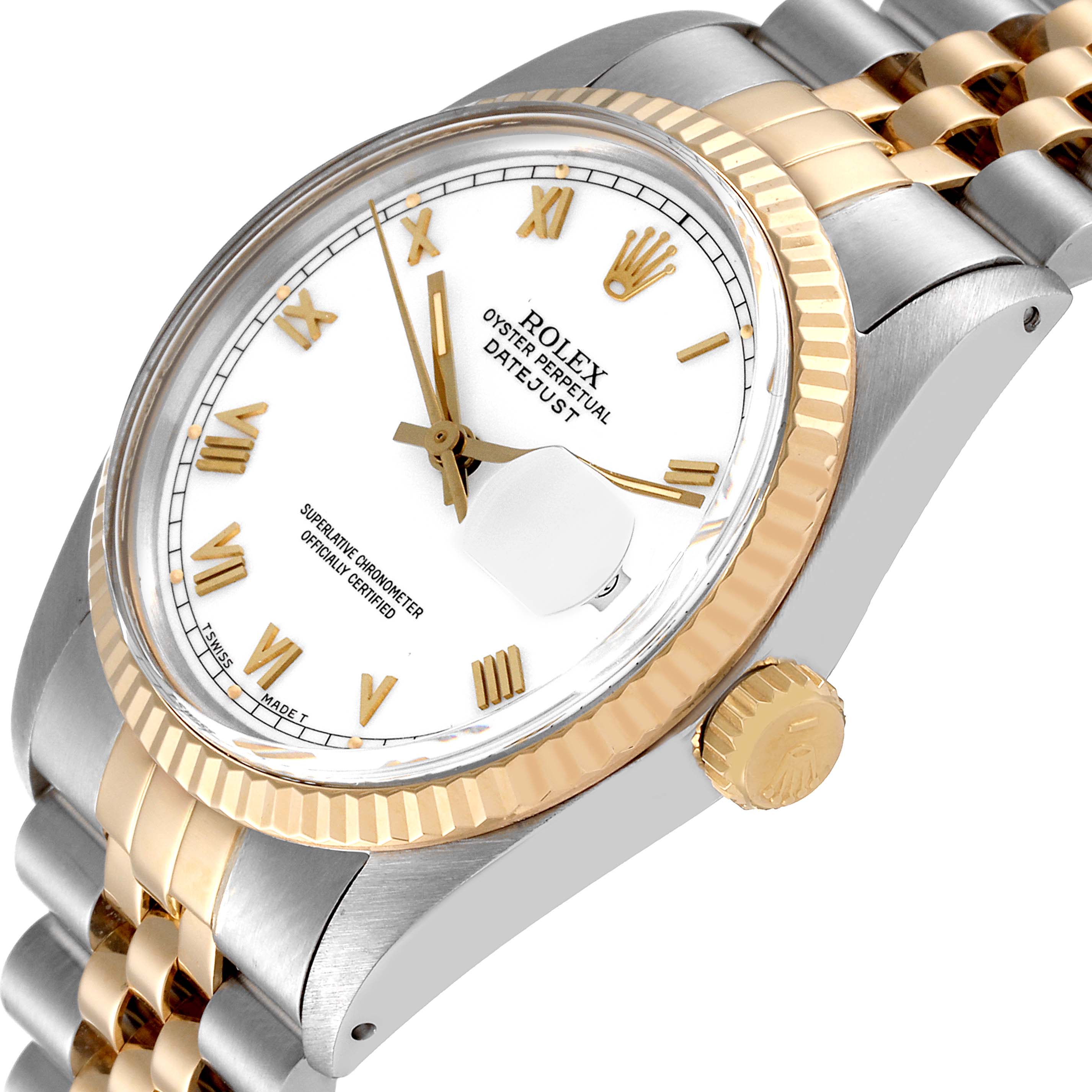 This image shows an angled close-up view of the Rolex Datejust 16013 Men's Steel and Gold (two tone) White Dial 16013 Men's Steel and Gold (two tone) White Dial, highlighting the dial, crown, and part of the two-tone bracelet.