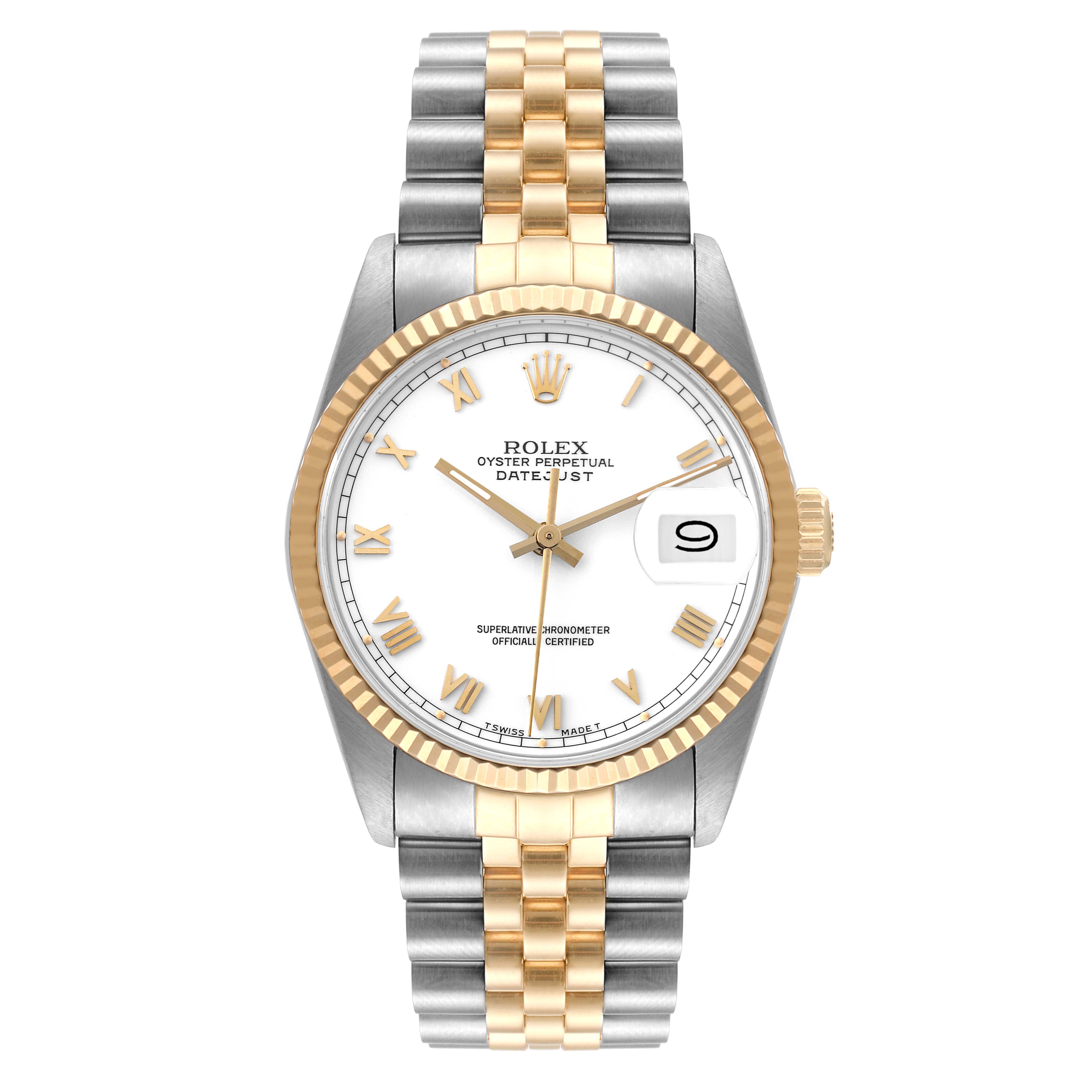 The image shows a front view of a Rolex Datejust 16013 Men's Steel and Gold (two tone) White Dial 16013 Men's Steel and Gold (two tone) White Dial watch, highlighting its dial, bezel, and two-tone bracelet.