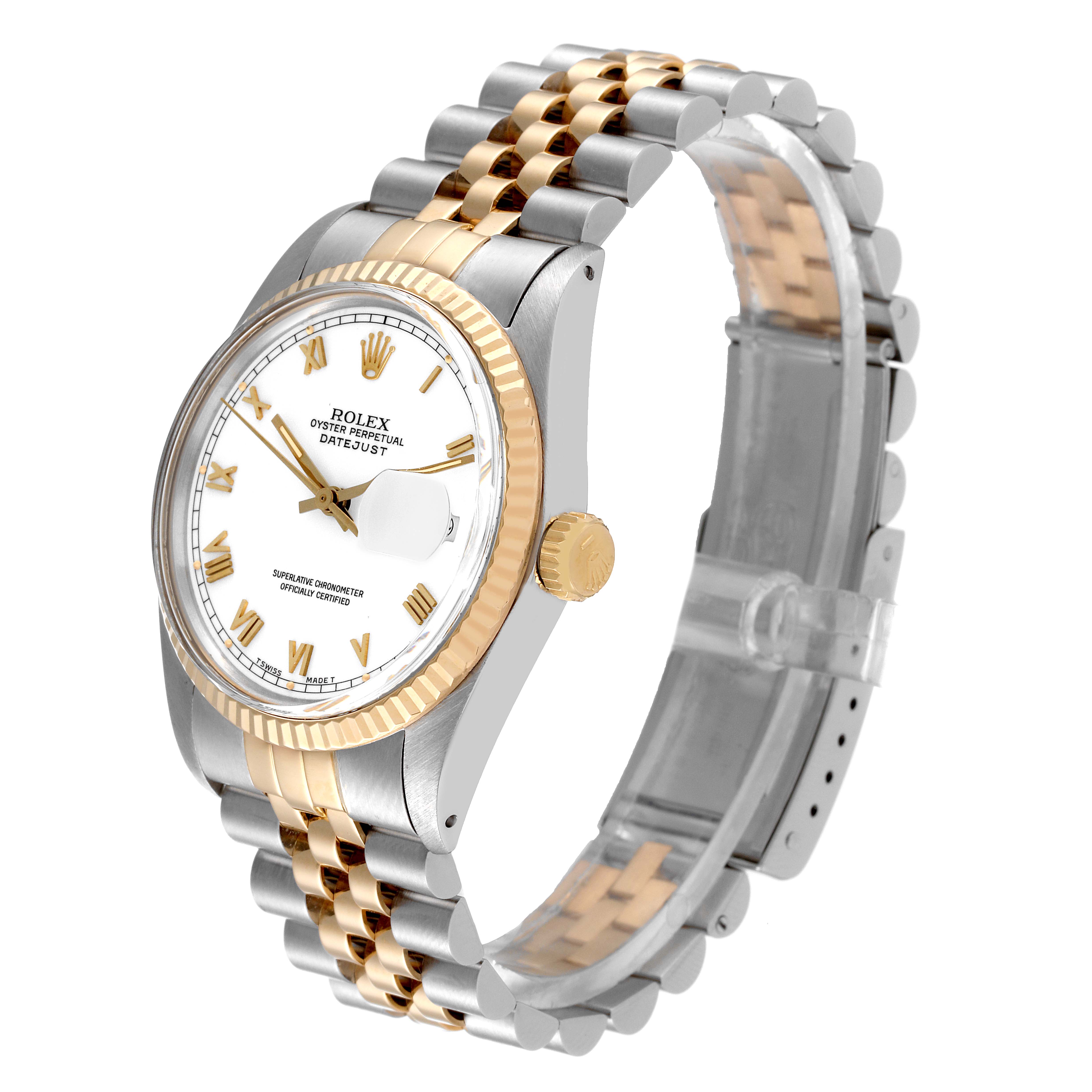 This image shows a Rolex Datejust 16013 Men's Steel and Gold (two tone) White Dial 16013 Men's Steel and Gold (two tone) White Dial watch from a three-quarter angle, highlighting the bezel, dial, crown, and bracelet.
