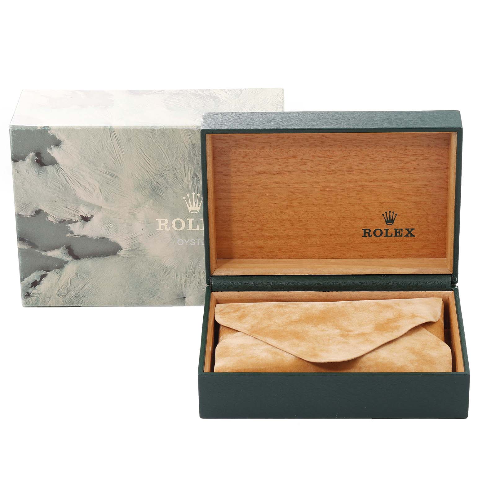 The image shows a Rolex Datejust 16013 Men's Steel and Gold (two tone) White Dial 16013 Men's Steel and Gold (two tone) White Dial watch box, including an outer box and an open inner wooden case with a suede watch pouch inside.