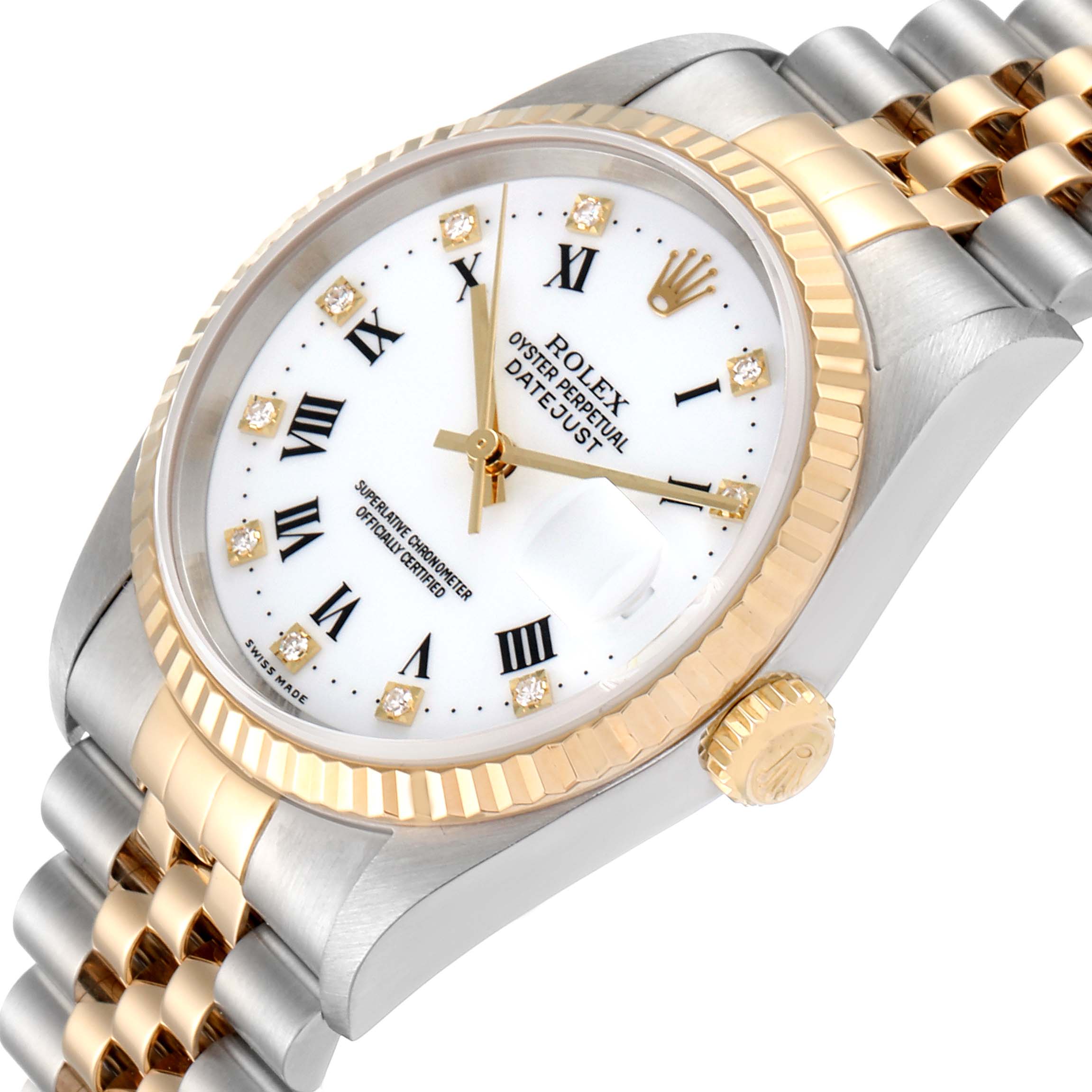 This image shows a Rolex Datejust 16233 Men's Steel and Gold (two tone) White Dial 16233 Men's Steel and Gold (two tone) White Dial watch at an angled view, highlighting the dial, bezel, and two-tone bracelet.
