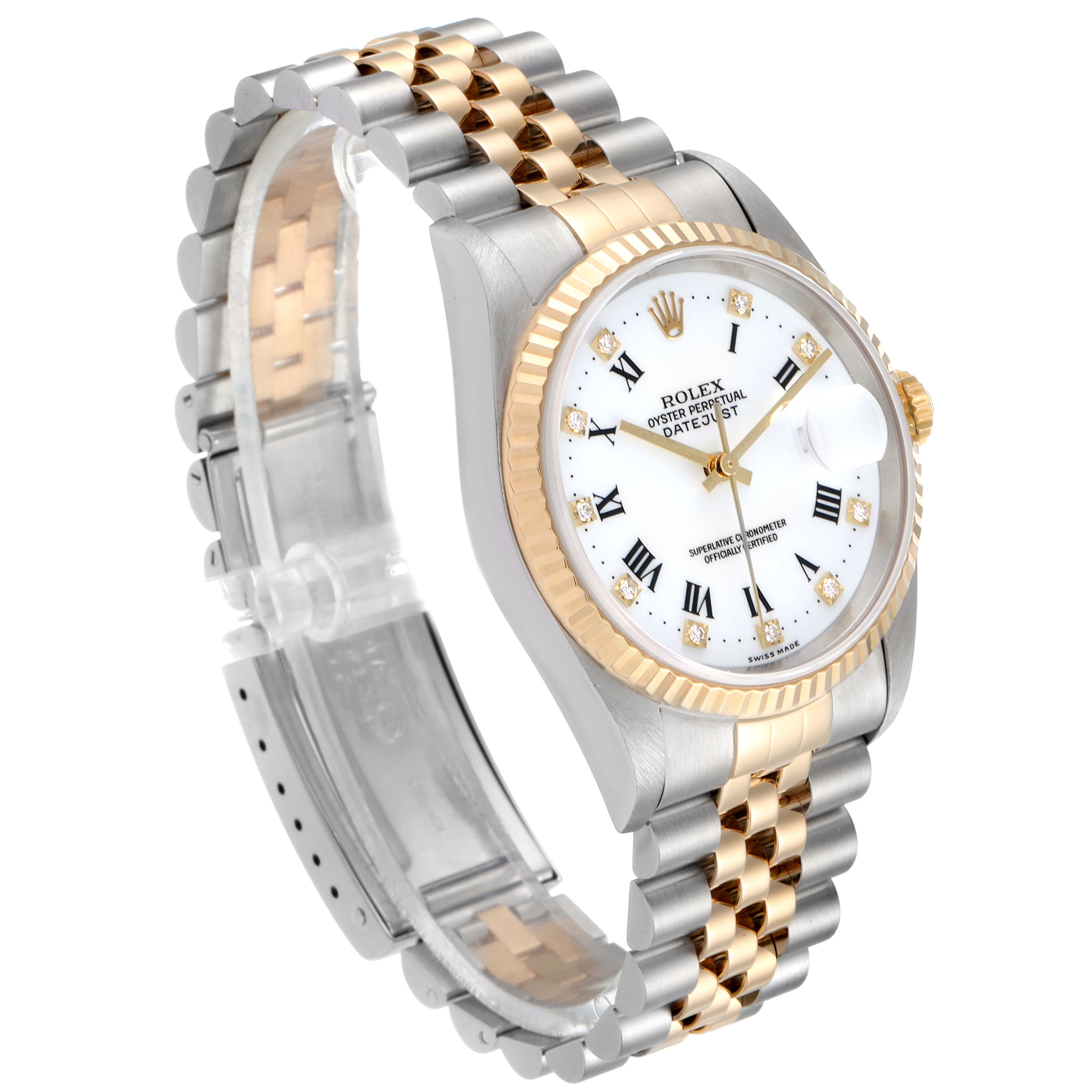 This image shows a side angle of a Rolex Datejust 16233 Men's Steel and Gold (two tone) White Dial 16233 Men's Steel and Gold (two tone) White Dial watch, highlighting the two-tone bracelet and white dial with Roman numerals.