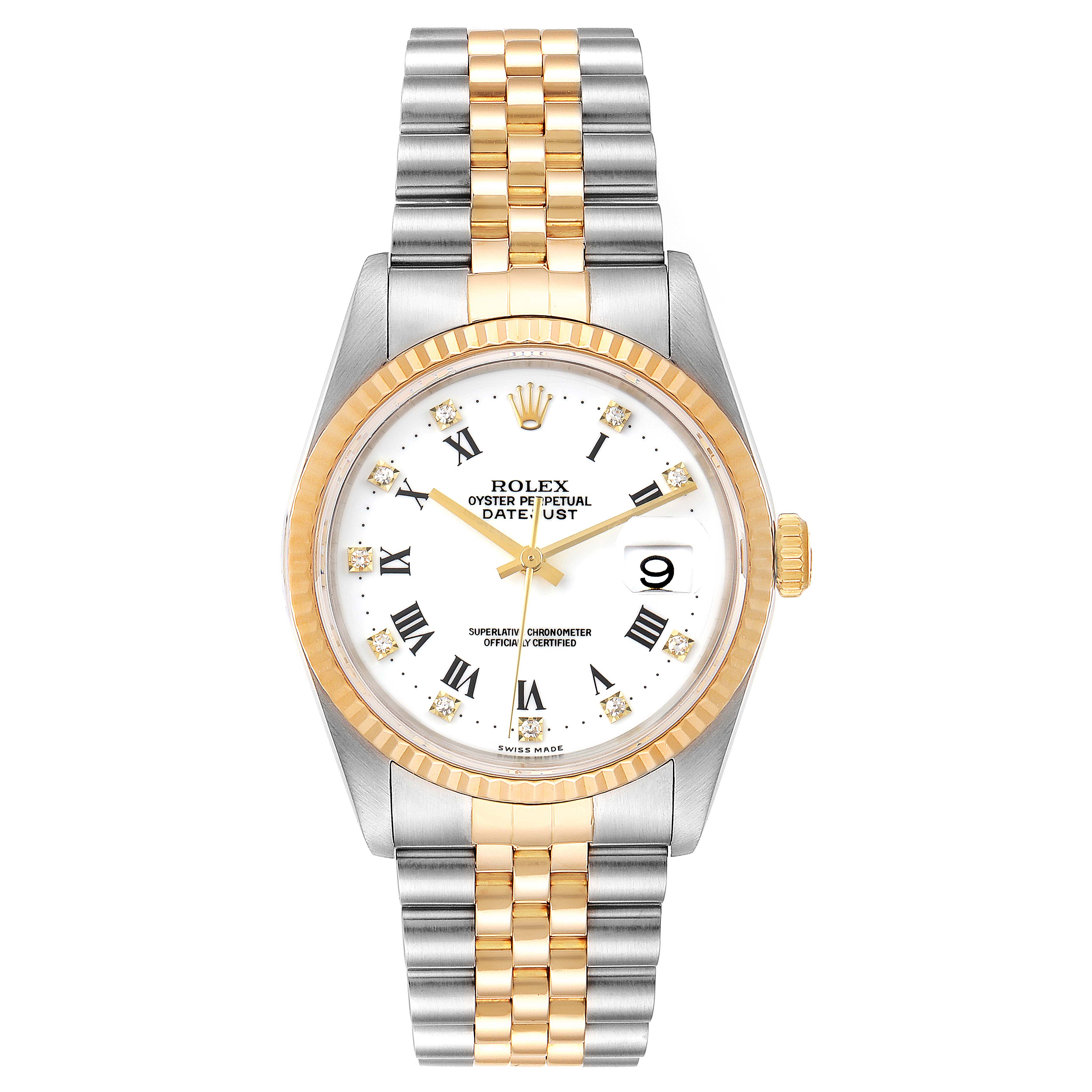 The image shows a Rolex Datejust 16233 Men's Steel and Gold (two tone) White Dial 16233 Men's Steel and Gold (two tone) White Dial watch displayed from a top-down angle, highlighting the dial, bezel, and bracelet.