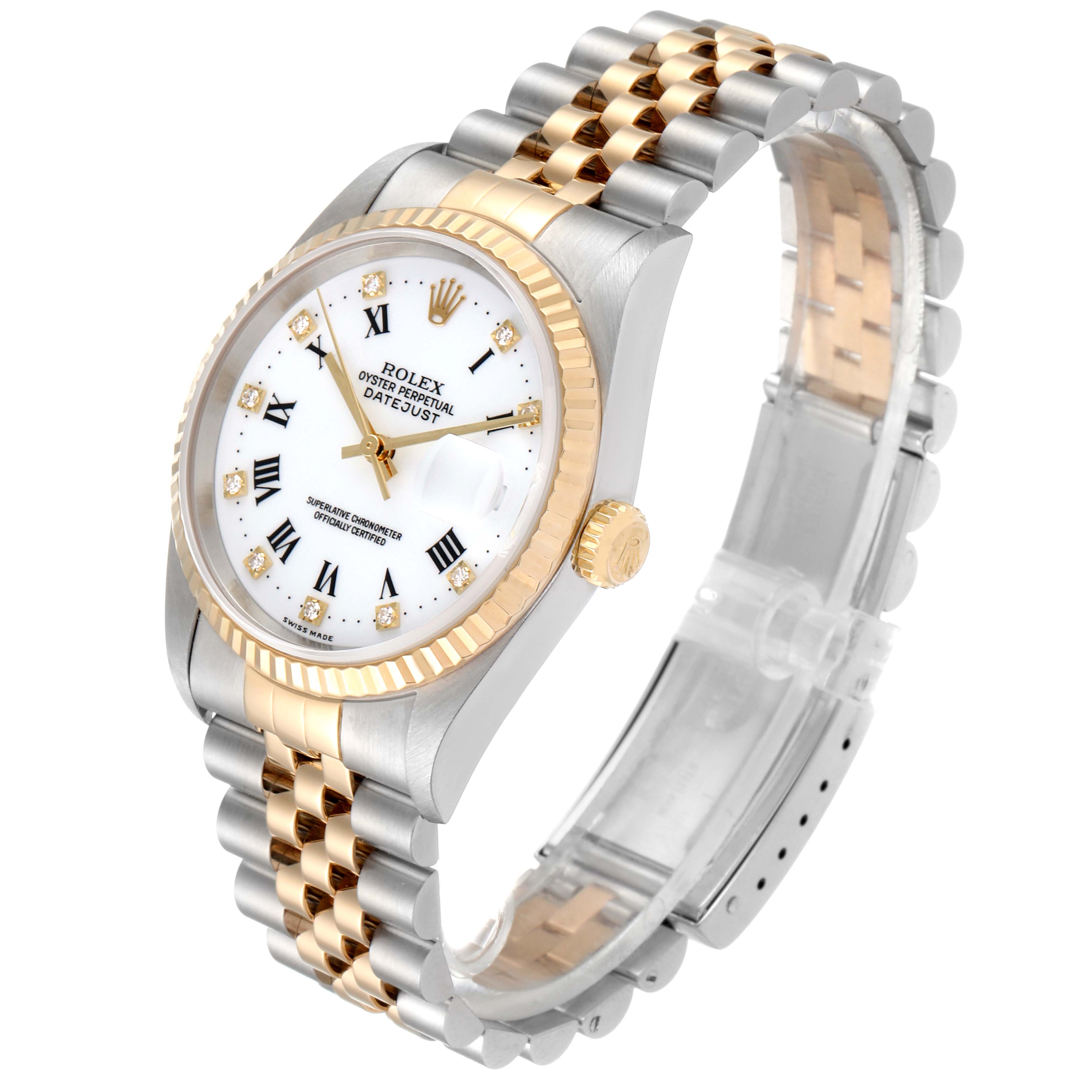 This image shows the front and right side of a Rolex Datejust 16233 Men's Steel and Gold (two tone) White Dial 16233 Men's Steel and Gold (two tone) White Dial watch, highlighting the dial, bezel, crown, and two-tone Jubilee bracelet.
