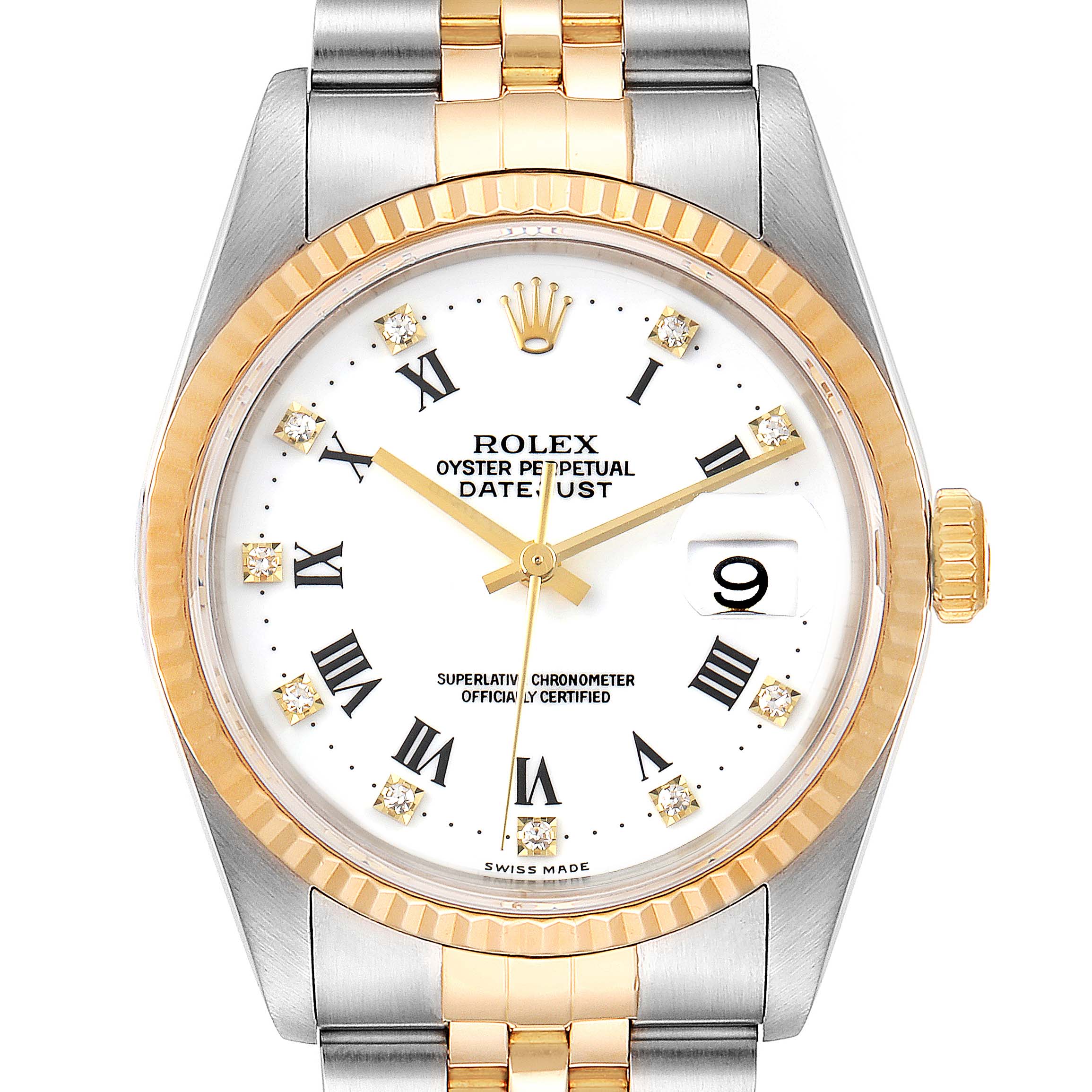 The Rolex Datejust 16233 Men's Steel and Gold (two tone) White Dial 16233 Men's Steel and Gold (two tone) White Dial model watch is shown from a top-down angle, highlighting the dial, bezel, and part of the bracelet.