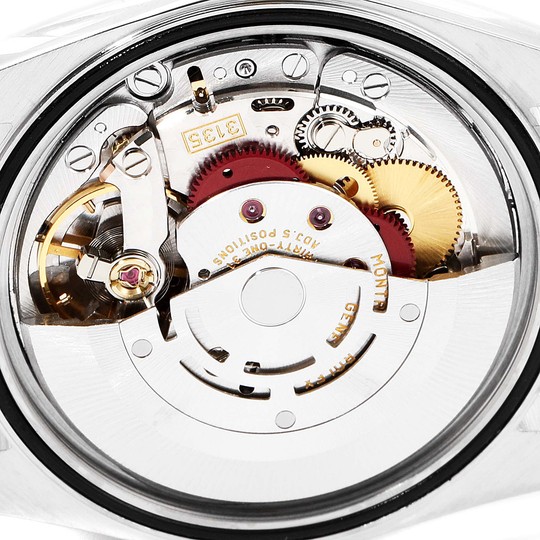 This image shows the internal mechanical movement of a Rolex Datejust 16233 Men's Steel and Gold (two tone) White Dial 16233 Men's Steel and Gold (two tone) White Dial watch from a close-up, rear angle.