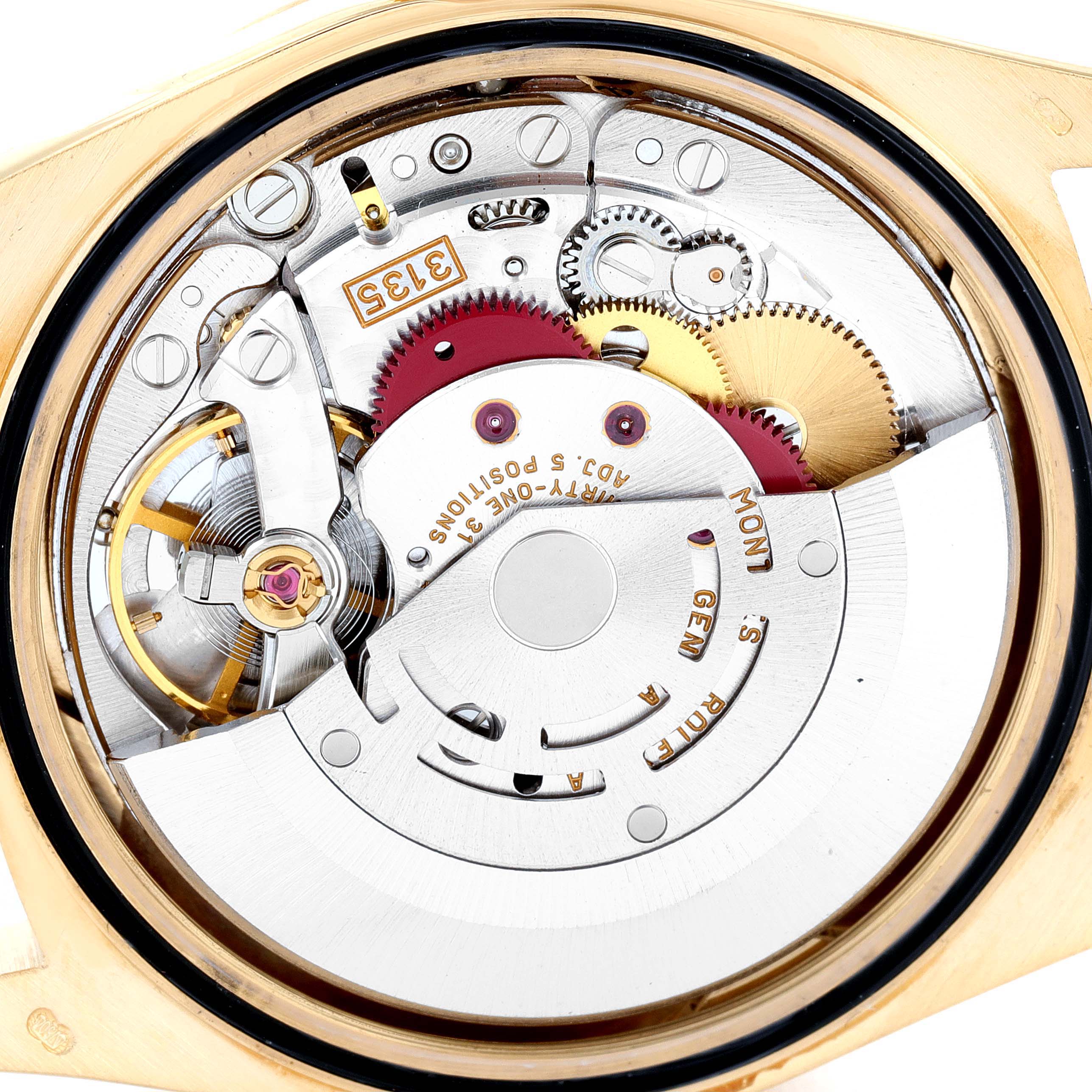 The image shows the internal movement mechanism of a Rolex President 16238 Men
s Yellow Gold Champagne Dial 16238 Men
s Yellow Gold Champagne Dial model watch from a top-down angle.