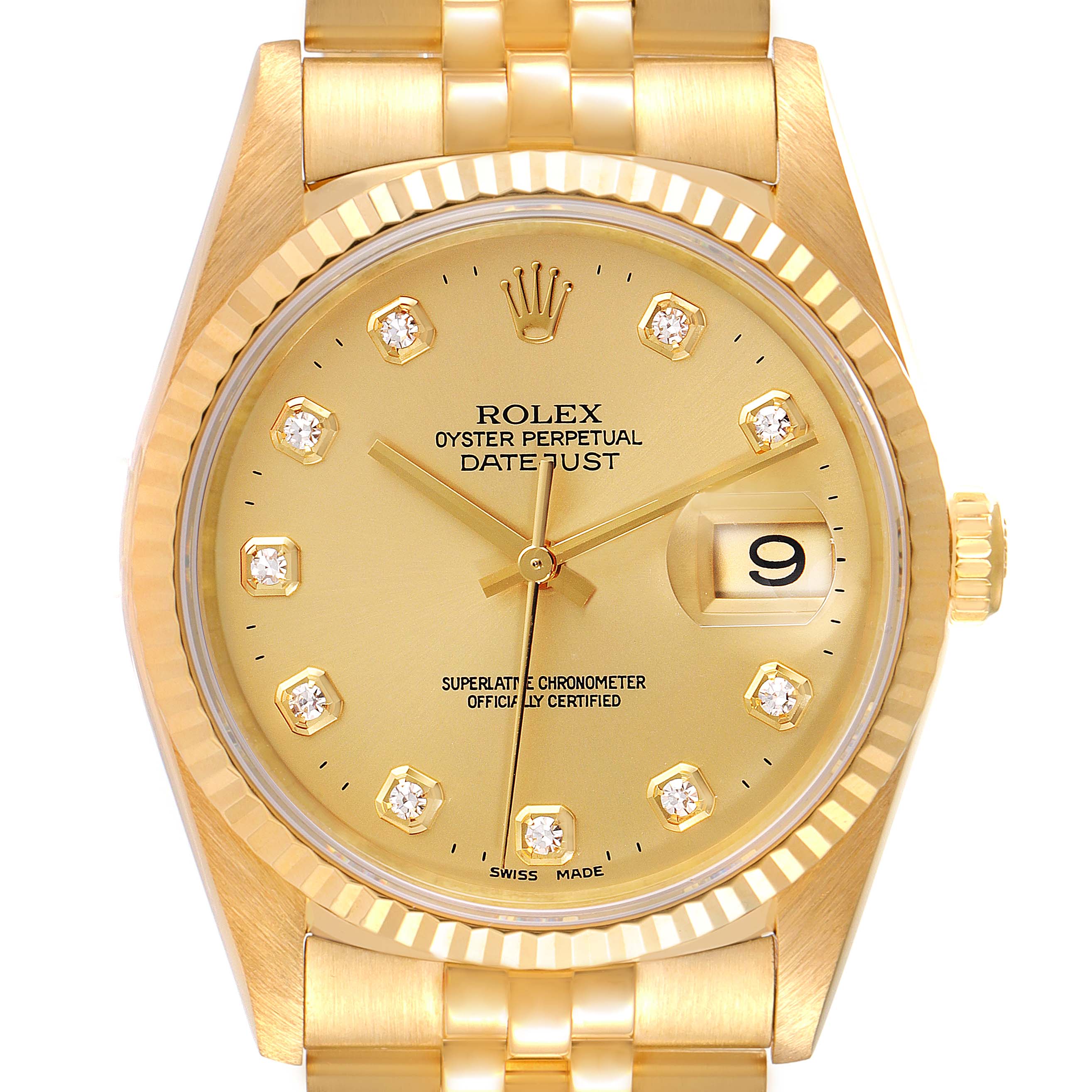 The image shows a front view of the Rolex President 16238 Men
s Yellow Gold Champagne Dial 16238 Men
s Yellow Gold Champagne Dial model watch, displaying the dial, hands, bezel, crown, and part of the bracelet.