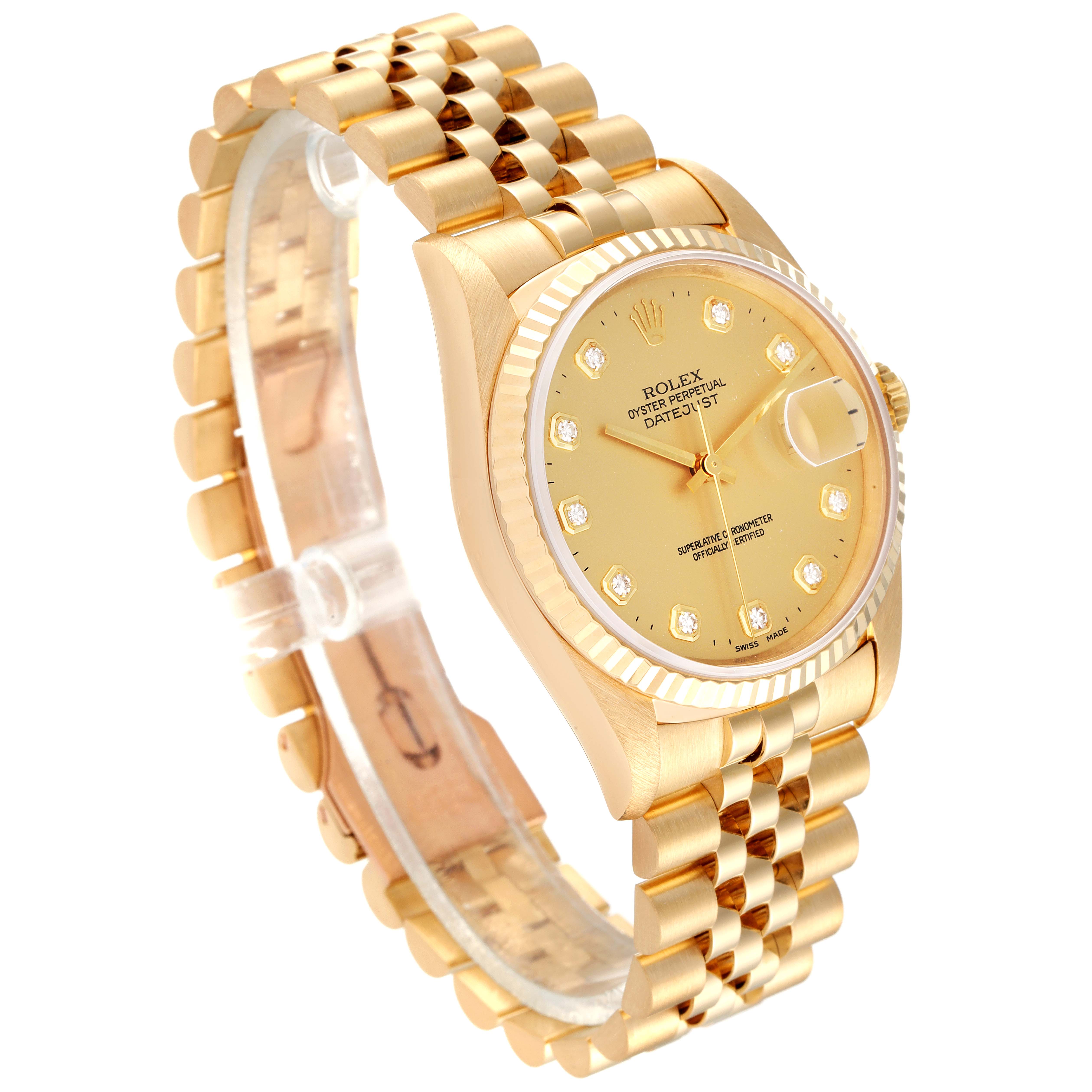 This image shows a Rolex President 16238 Men
s Yellow Gold Champagne Dial 16238 Men
s Yellow Gold Champagne Dial model watch at a three-quarter angle, highlighting its gold case, dial, and bracelet.