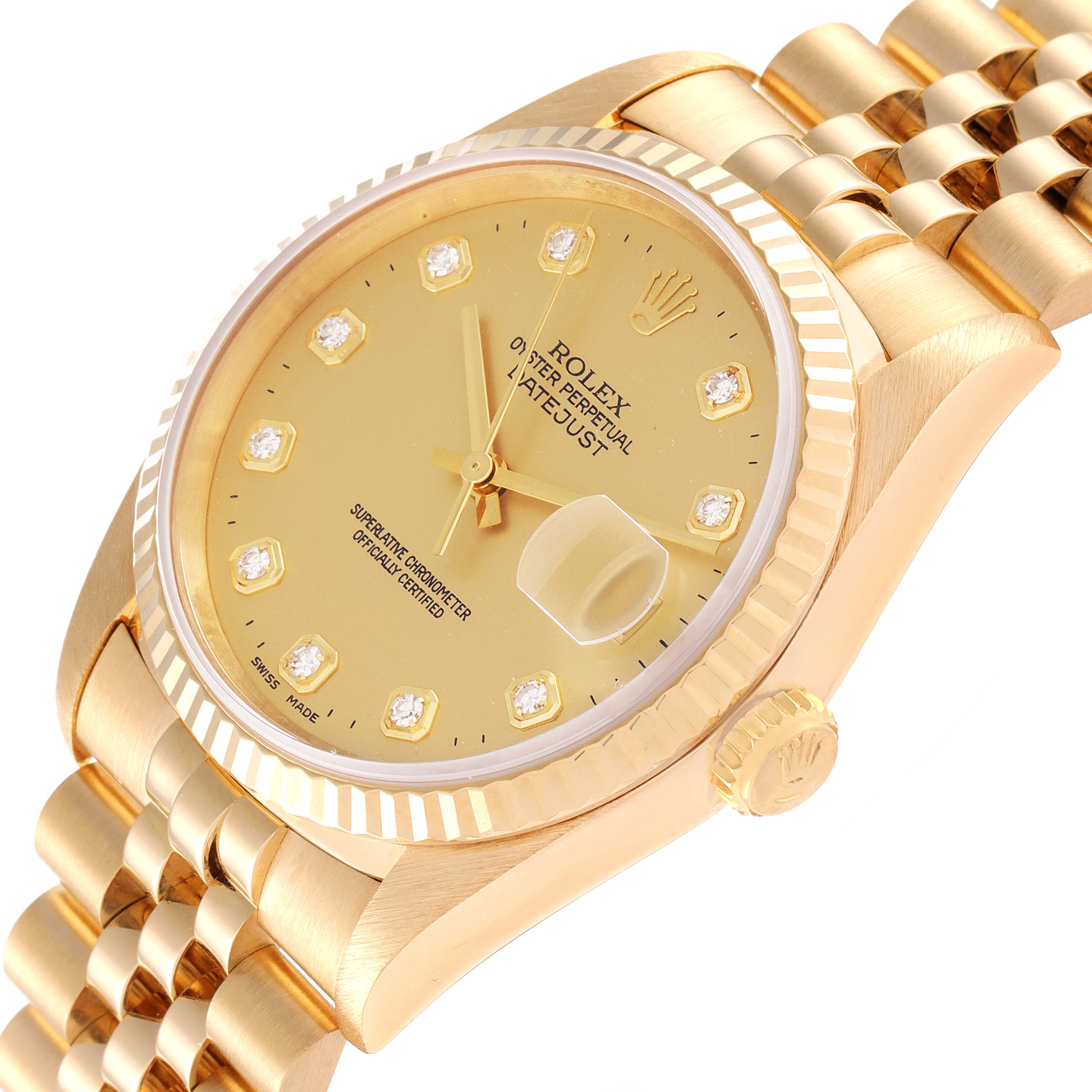 This image shows the dial, bezel, crown, and bracelet of a Rolex President 16238 Men
s Yellow Gold Champagne Dial 16238 Men
s Yellow Gold Champagne Dial model watch from a tilted front-left angle.