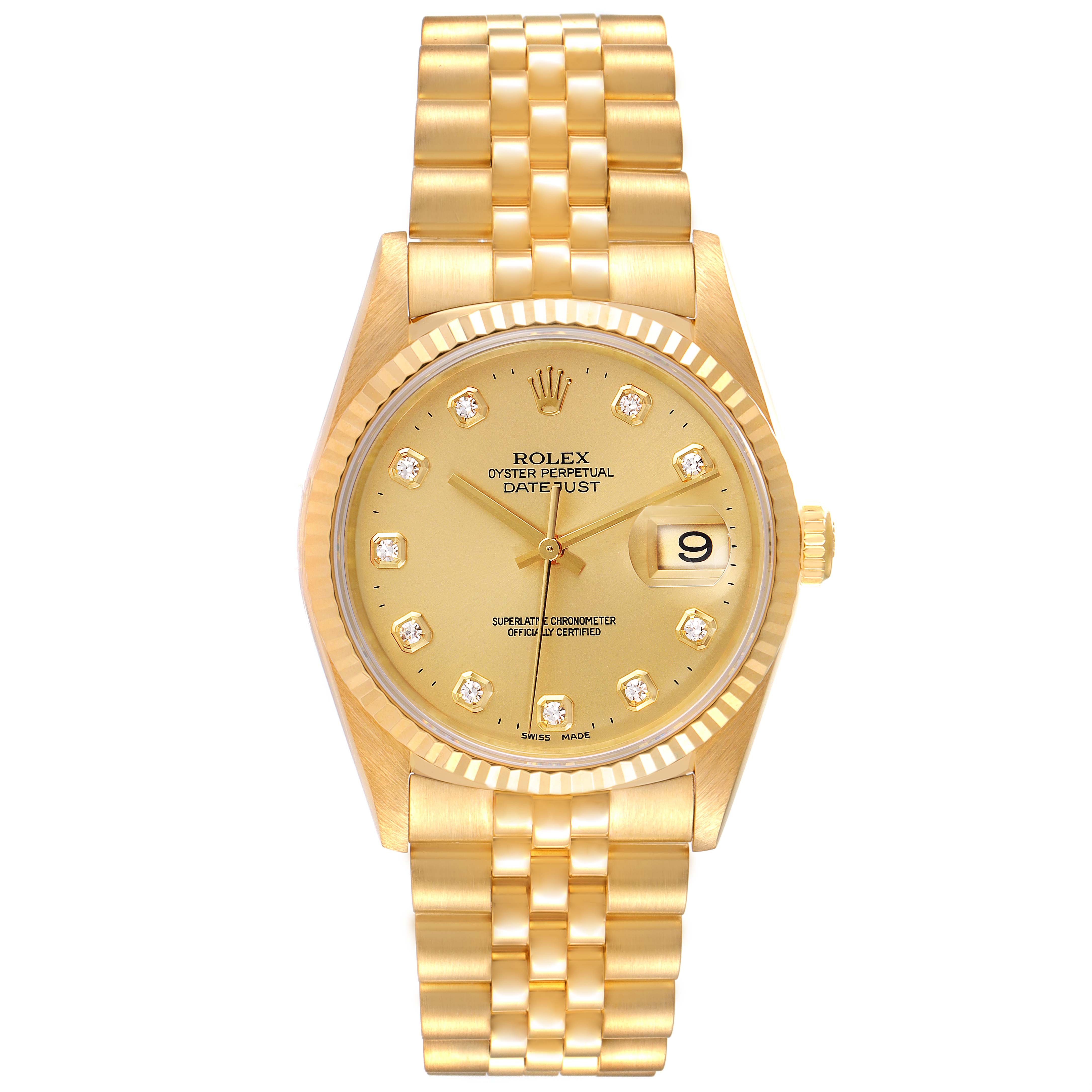 The image shows a full frontal view of a Rolex President 16238 Men
s Yellow Gold Champagne Dial 16238 Men
s Yellow Gold Champagne Dial model watch, highlighting its gold case, bracelet, and diamond markers.