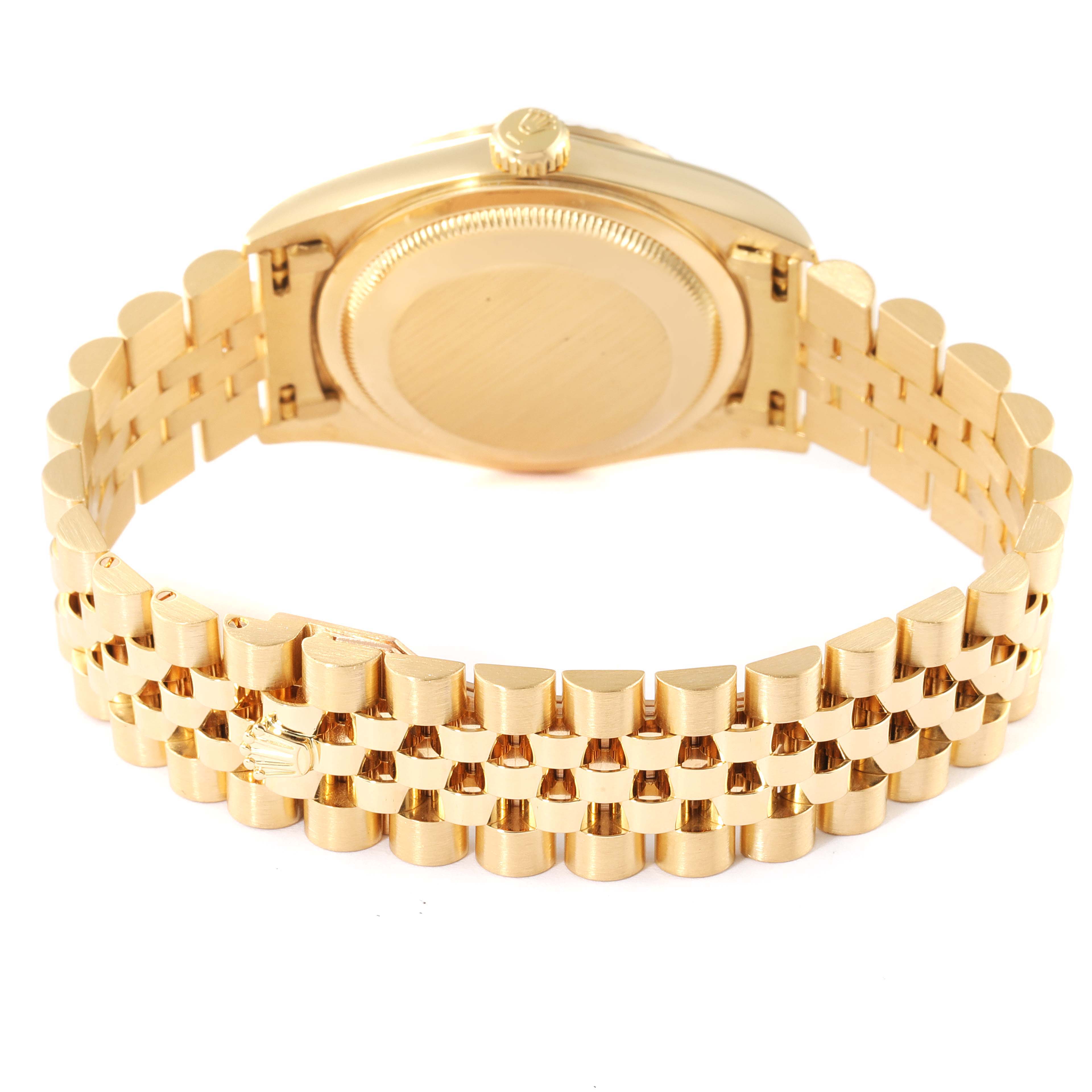 The image shows the back case and bracelet of a Rolex President 16238 Men
s Yellow Gold Champagne Dial 16238 Men
s Yellow Gold Champagne Dial model watch from a rear angle.