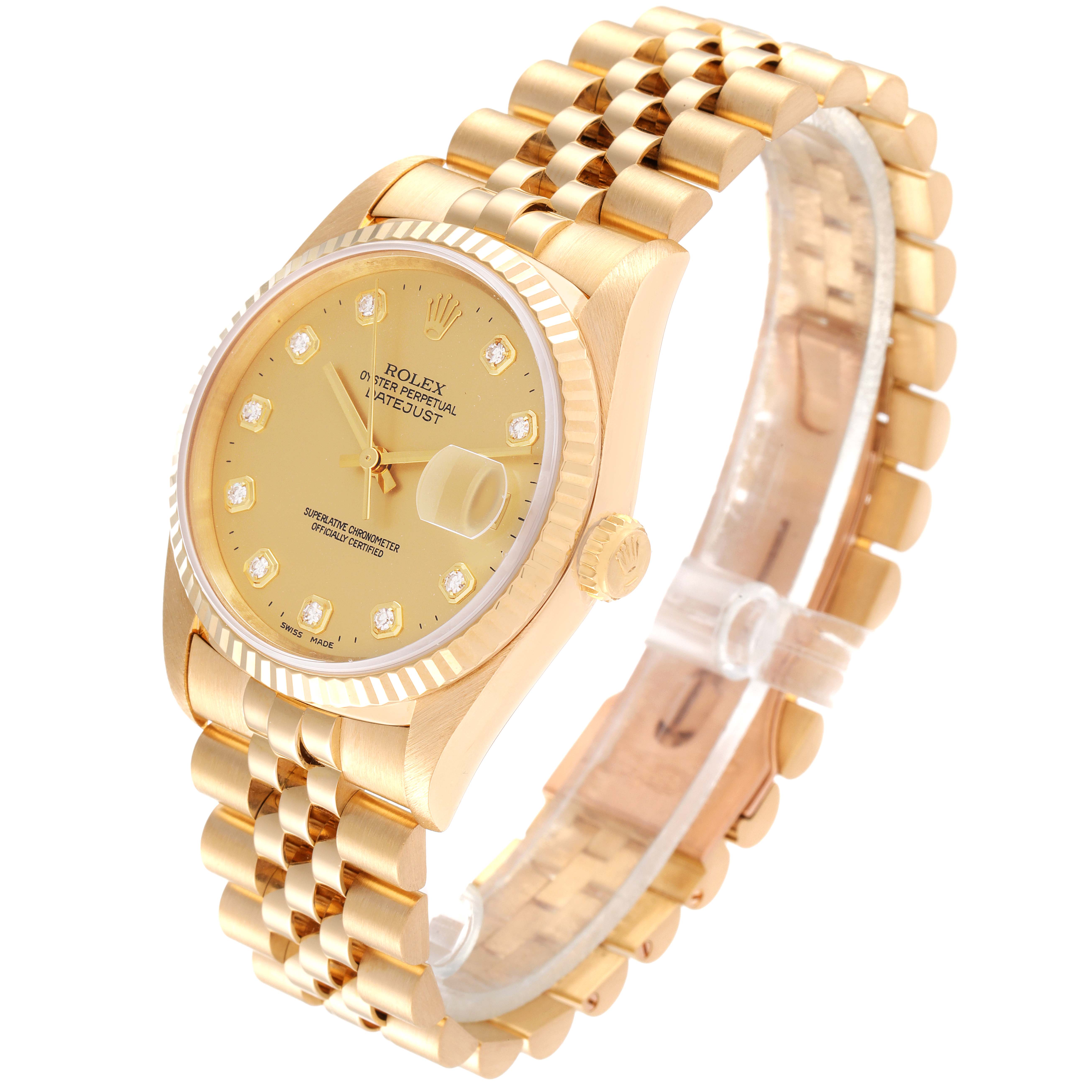 The Rolex President 16238 Men
s Yellow Gold Champagne Dial 16238 Men
s Yellow Gold Champagne Dial model watch is shown at a slight angle showcasing its gold case, dial, bracelet, crown, and diamond hour markers.