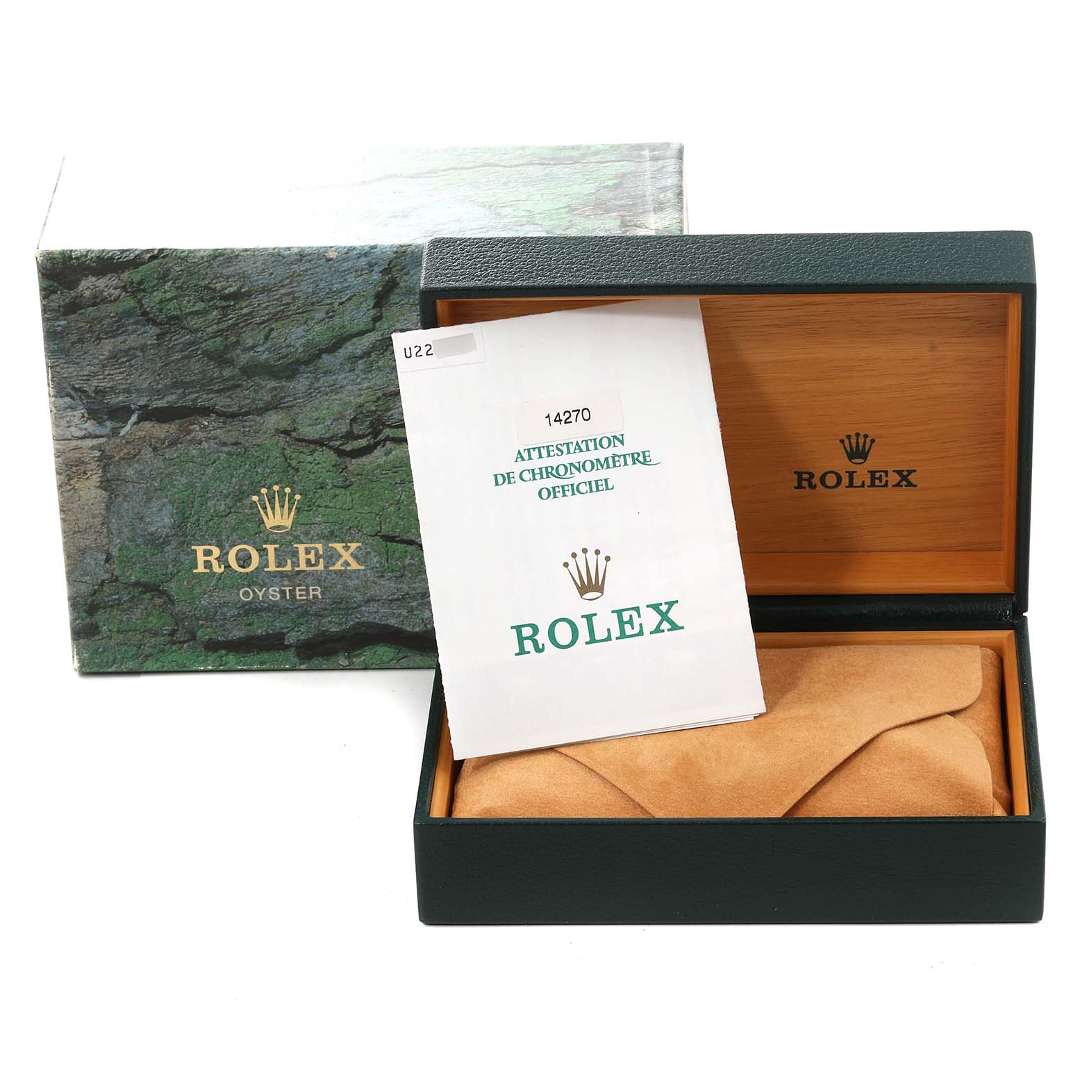 The image shows a Rolex Explorer 14270 Men's Stainless Steel Black Dial 14270 Men's Stainless Steel Black Dial model packaging, an official certificate, and a leather pouch for the watch.