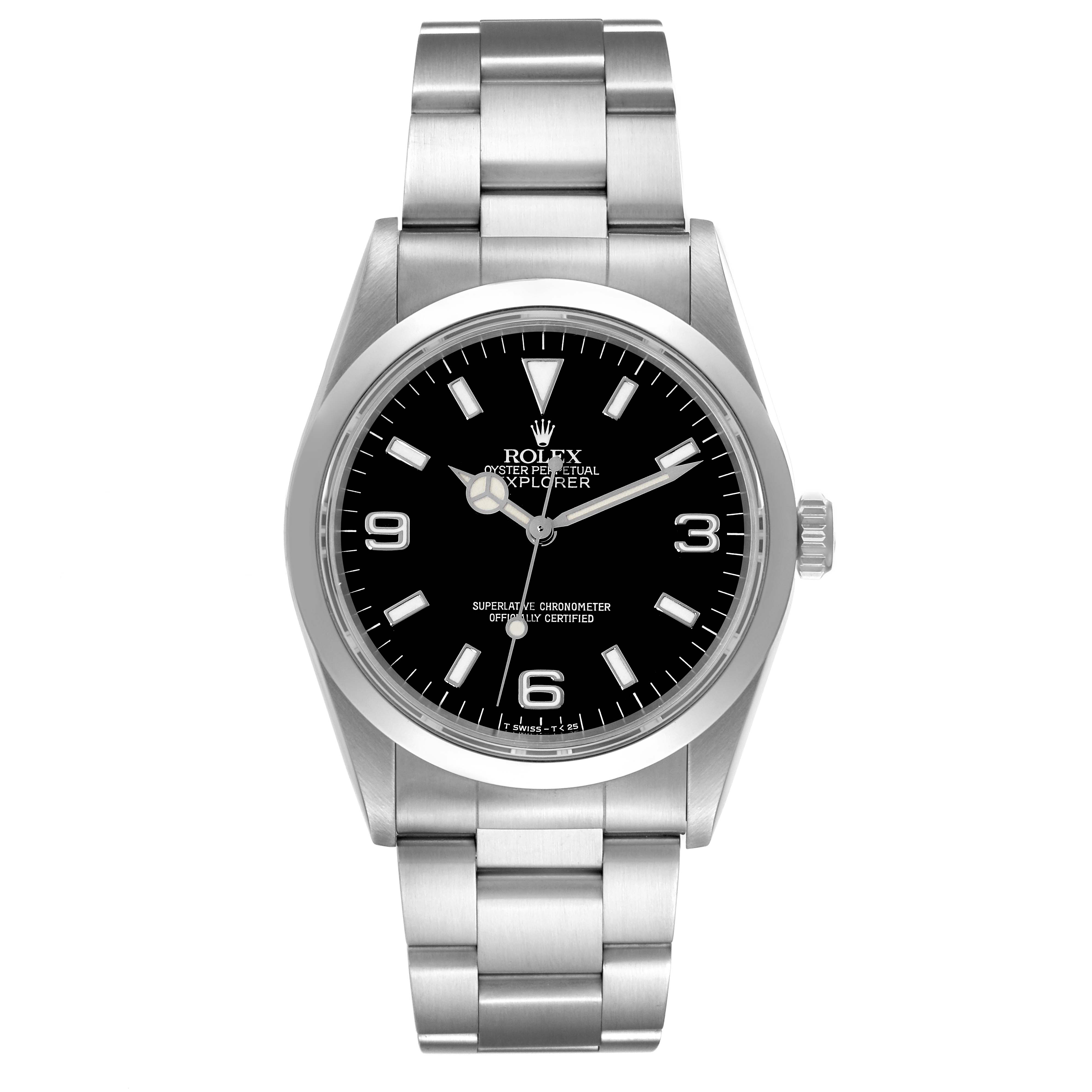 This is a front view of a Rolex Explorer 14270 Men's Stainless Steel Black Dial 14270 Men's Stainless Steel Black Dial model watch displaying the dial, case, and bracelet.
