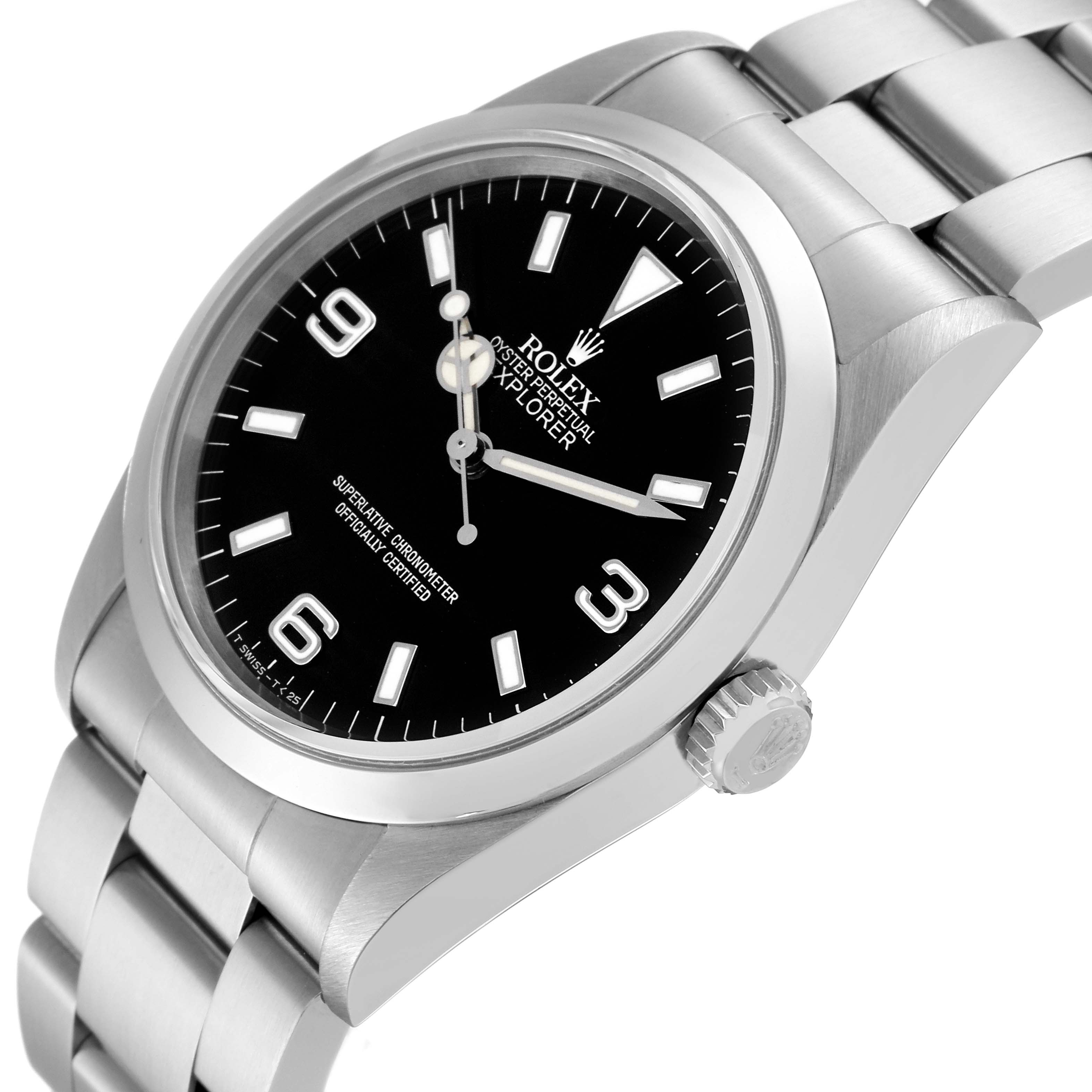 This image shows a close-up of the Rolex Explorer 14270 Men's Stainless Steel Black Dial 14270 Men's Stainless Steel Black Dial watch at a slightly tilted angle, highlighting the dial, bezel, and part of the bracelet.